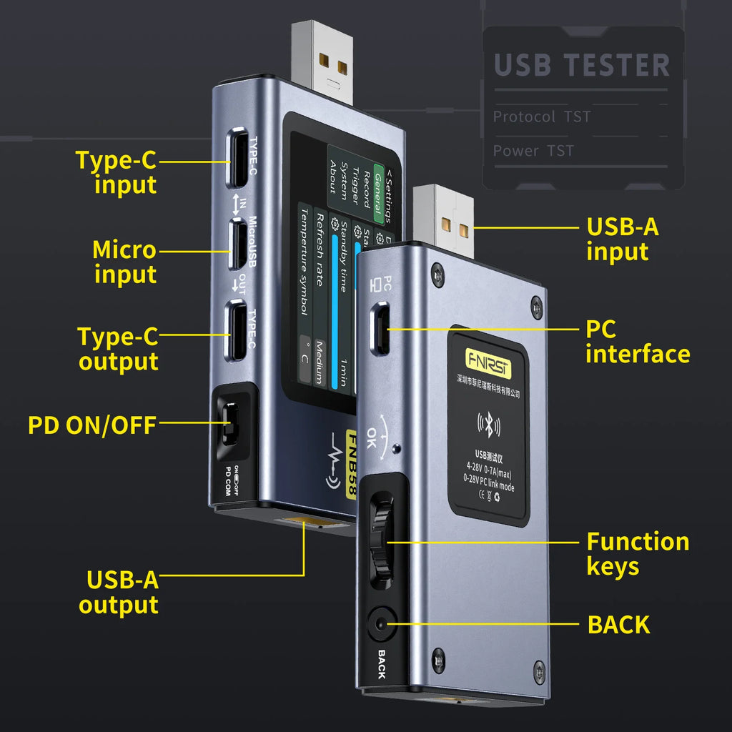 FNIRSI-FNB58 USB Tester Voltmeter Ammeter TYPE-C Fast Charge Detection Trigger Capacity Measurement Ripple Measurement Blackbox Automotive Diagnostics