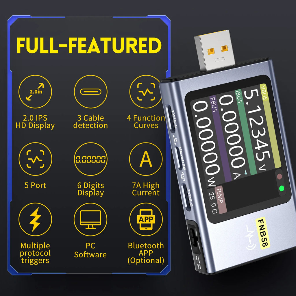 FNIRSI-FNB58 USB Tester Voltmeter Ammeter TYPE-C Fast Charge Detection Trigger Capacity Measurement Ripple Measurement Blackbox Automotive Diagnostics
