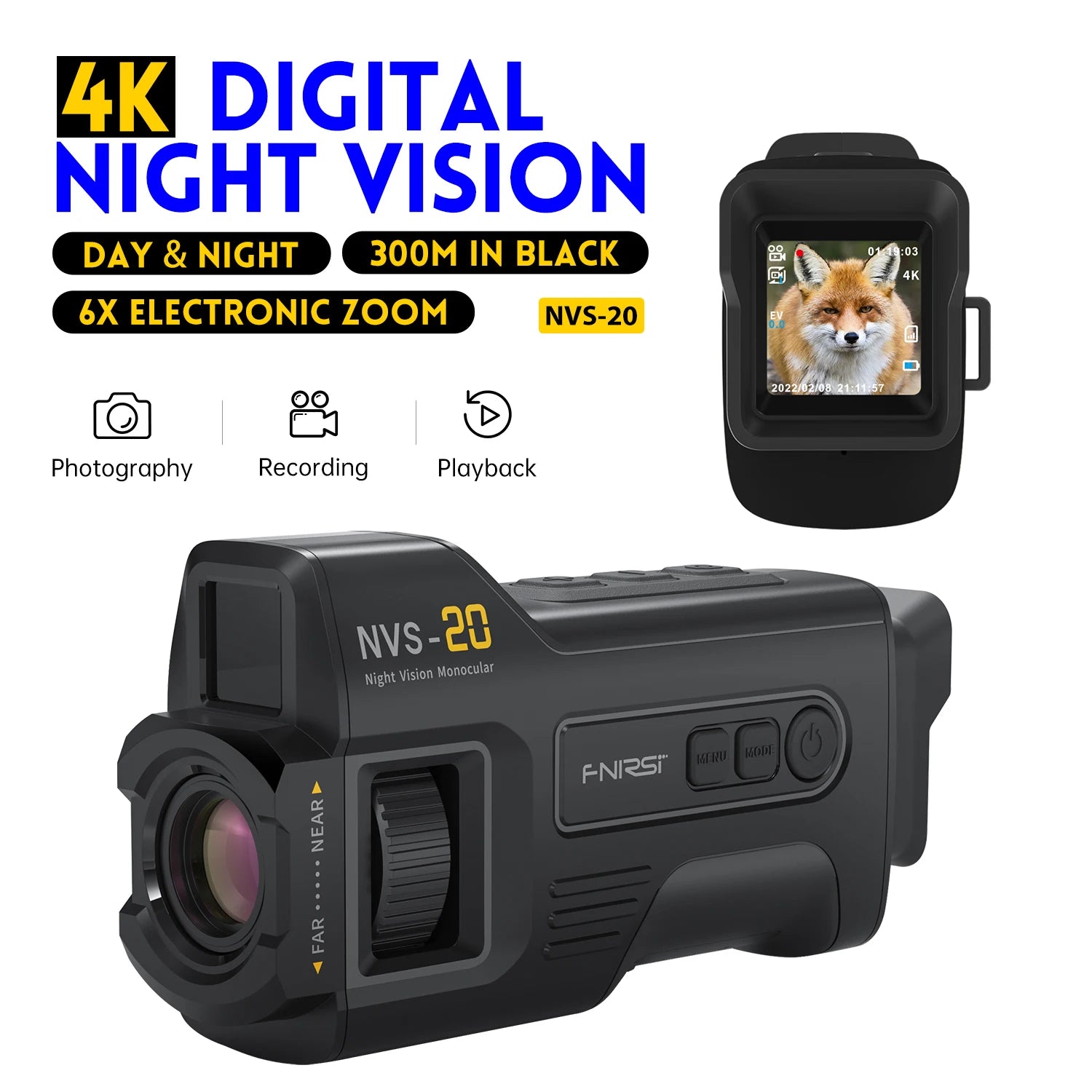 FNIRSI Telescope NVS-20 4K HD Monocular Night Vision Goggles 6X Digital Zoom 300m Hunting Camping Scope Day and Night Dual Use Blackbox Automotive Diagnostics