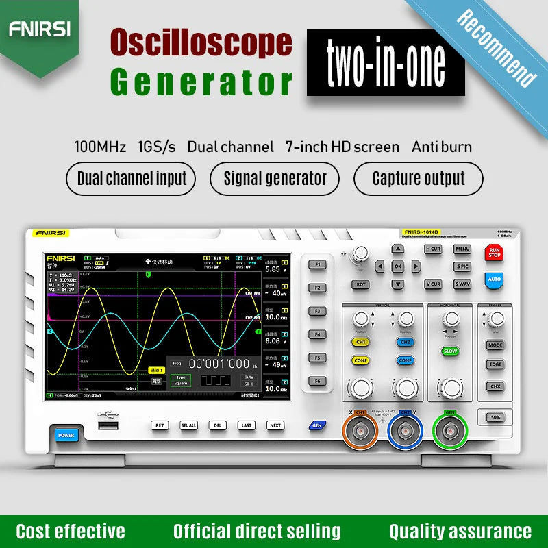 FNIRSI 1014D Digital Oscilloscope 2 In 1 Dual Channel Input Signal Generator 100MHz* 2 Analog Bandwidth 1GSa/s Sampling Rate Blackbox Automotive Diagnostics