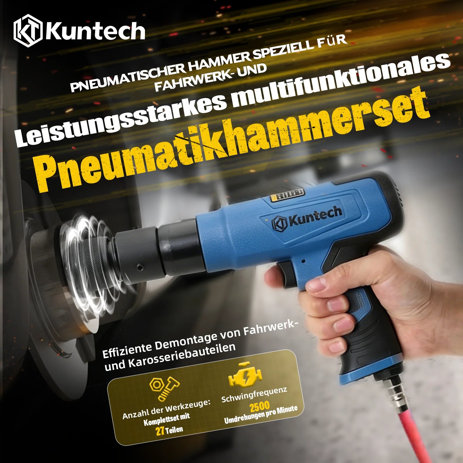 Heavy Duty Pneumatic Air Hammer 89mm Stroke 5CFM, Multi-Function Air Powered Hammer Tool Set with Chisels & Adapters, Industrial Air Chisel for Car Chassis Disassembly Sheet Metal Rust Removal Auto Workshop Mechanic Repair Blackbox Automotive Diagnostics