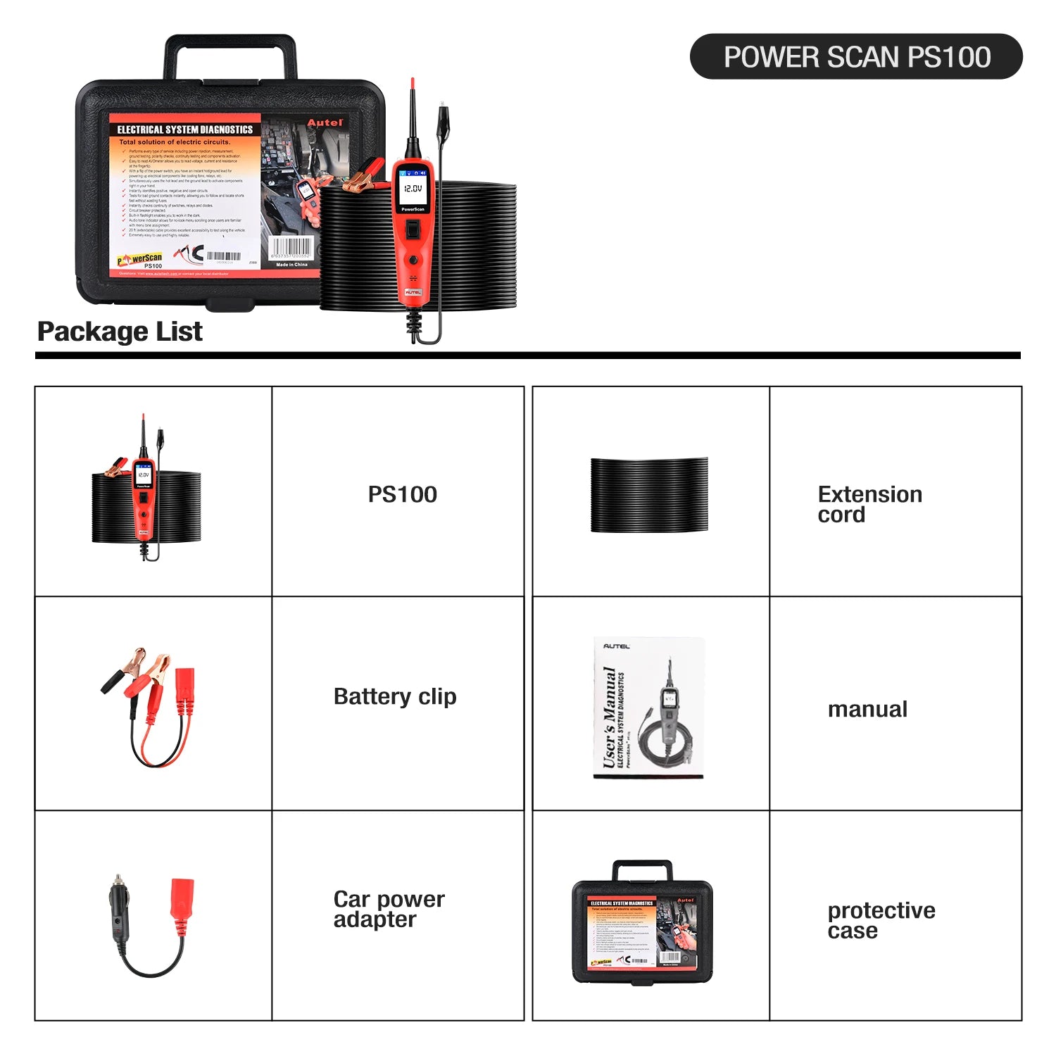 Autel PowerScan PS100 Automotive Circuit Tester, Power Circuit Probe Tools, 12-24V Electrical Short Open Breaker Circuit Finder Blackbox Automotive Diagnostics