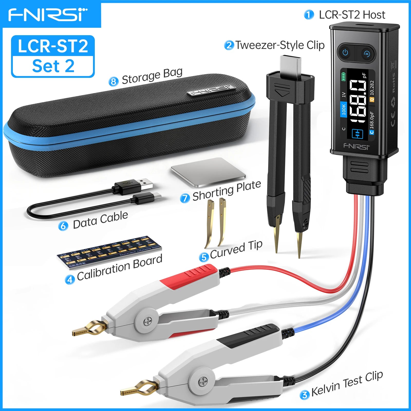 FNIRSI LCR-ST2 2-in-1 Digital Tweezer Bridge LCR ESR Meter SMD Test Kelvin Clip Electronic Component Multifunctional Tester Tool Blackbox Automotive Diagnostics