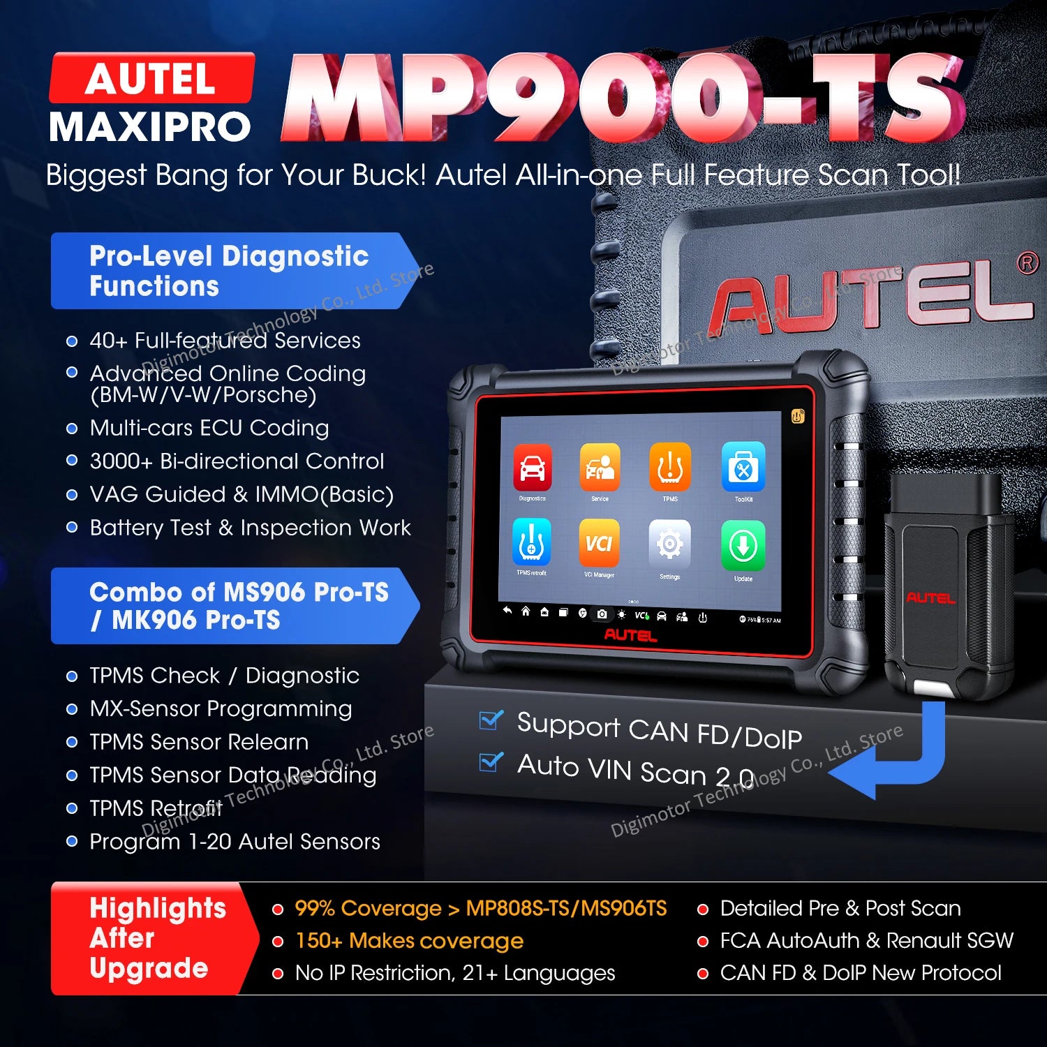 Autel MaxiPRO MP900TS OBD2 Scanner TPMS Diagnostic Tool ECU Online Coding 3000+ Tests, DoIP CANFD, Upgraded of MS906 Pro MK900TS Blackbox Automotive Diagnostics