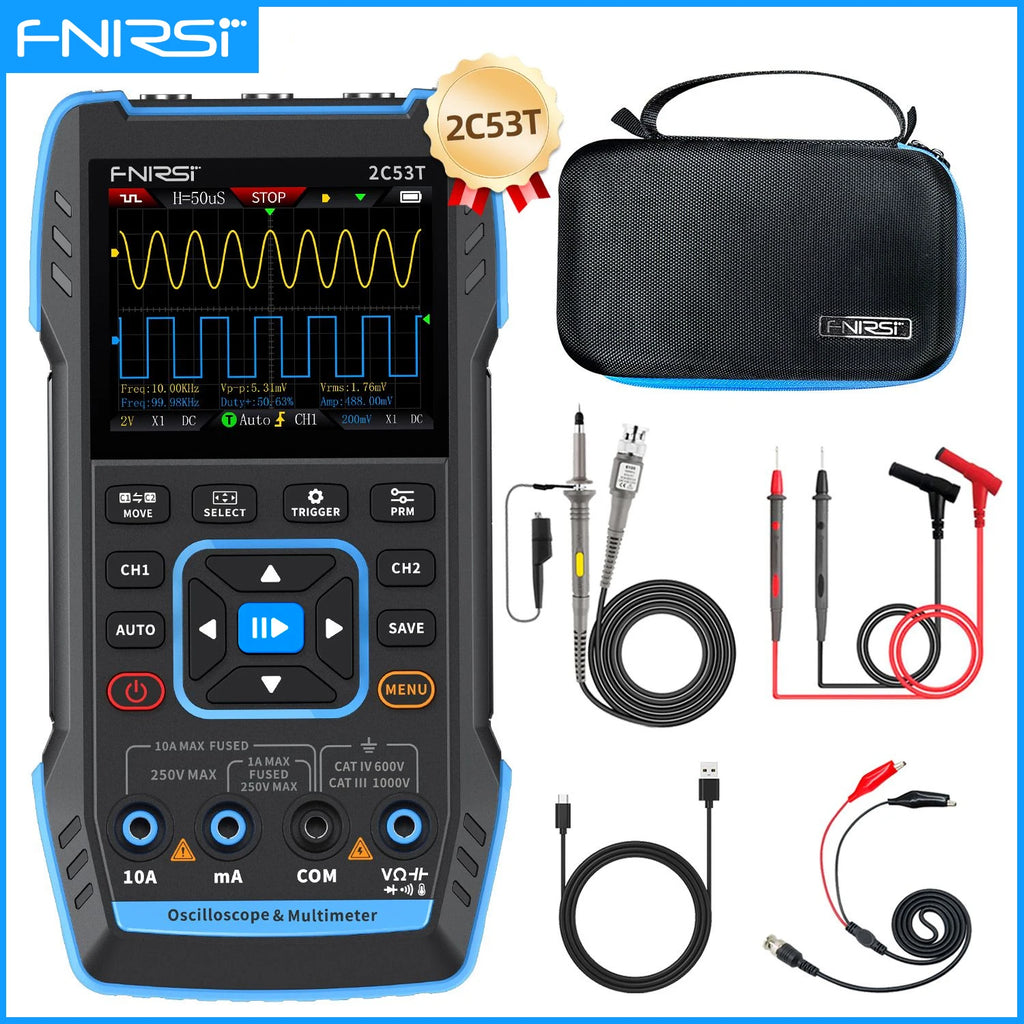FNIRSI 2C53T 2C23T Upgrade 3in1 Oscilloscope Multimeter Signal Generator 50MHz Bandwidth 250MS Rate Dual Channel 20000 Counts Blackbox Automotive Diagnostics