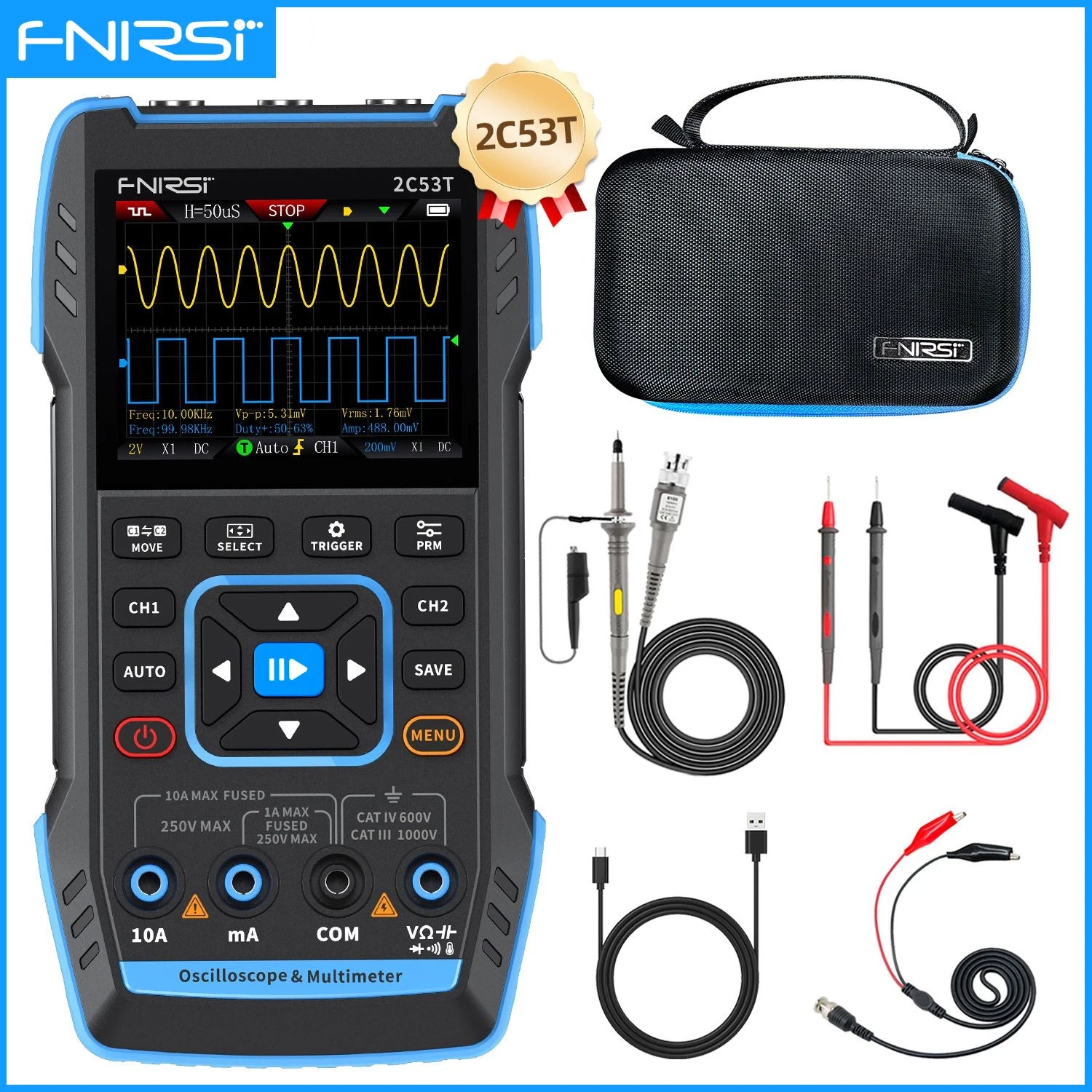 FNIRSI 2C53T 2C23T Upgrade 3in1 Oscilloscope Multimeter Signal Generator 50MHz Bandwidth 250MS Rate Dual Channel 20000 Counts Blackbox Automotive Diagnostics