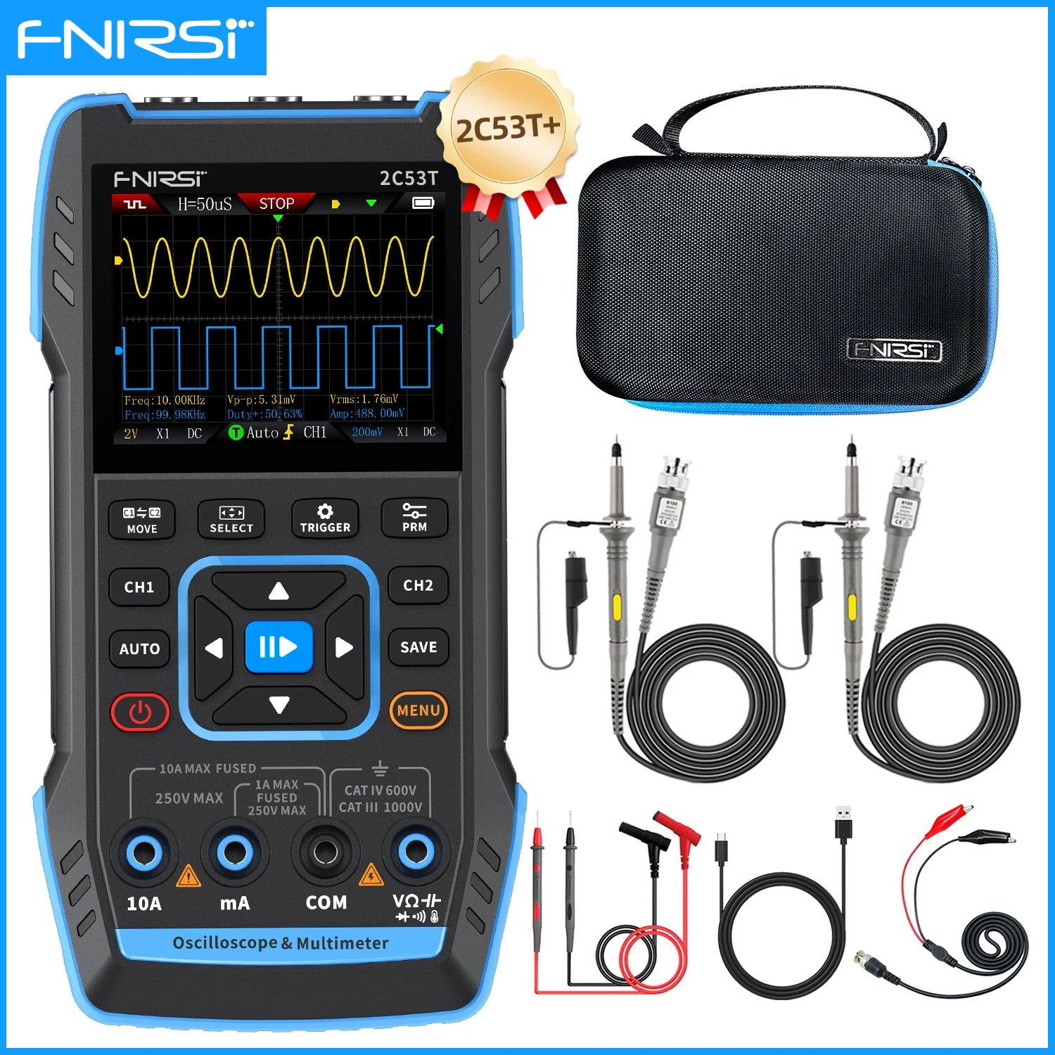 FNIRSI 2C53T 2C23T Upgrade 3in1 Oscilloscope Multimeter Signal Generator 50MHz Bandwidth 250MS Rate Dual Channel 20000 Counts Blackbox Automotive Diagnostics