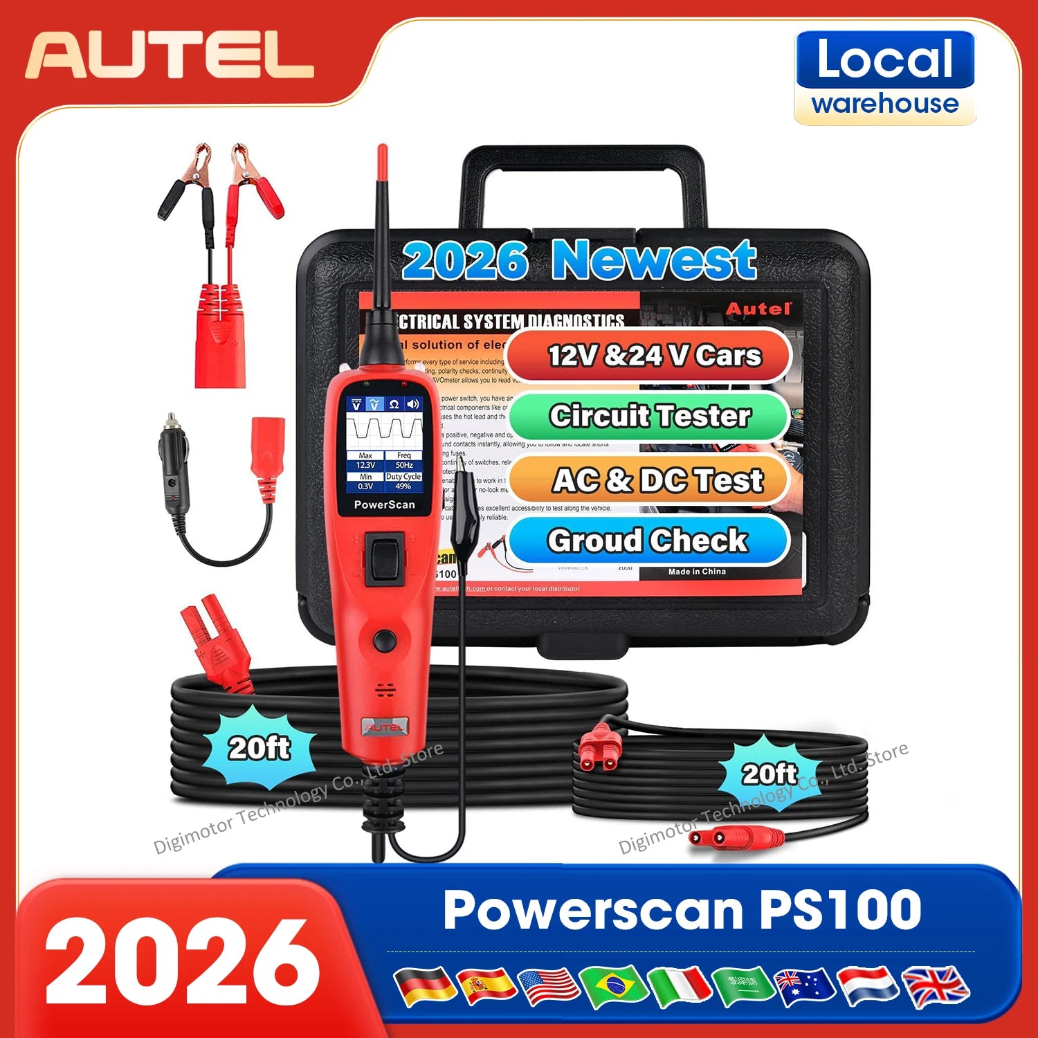 Autel PS100 Circuit Tester Power Circuit Probe Kit AC DC Voltage 12-24V Automotive Electrical System Test, 20FT Extension Cord Blackbox Automotive Diagnostics