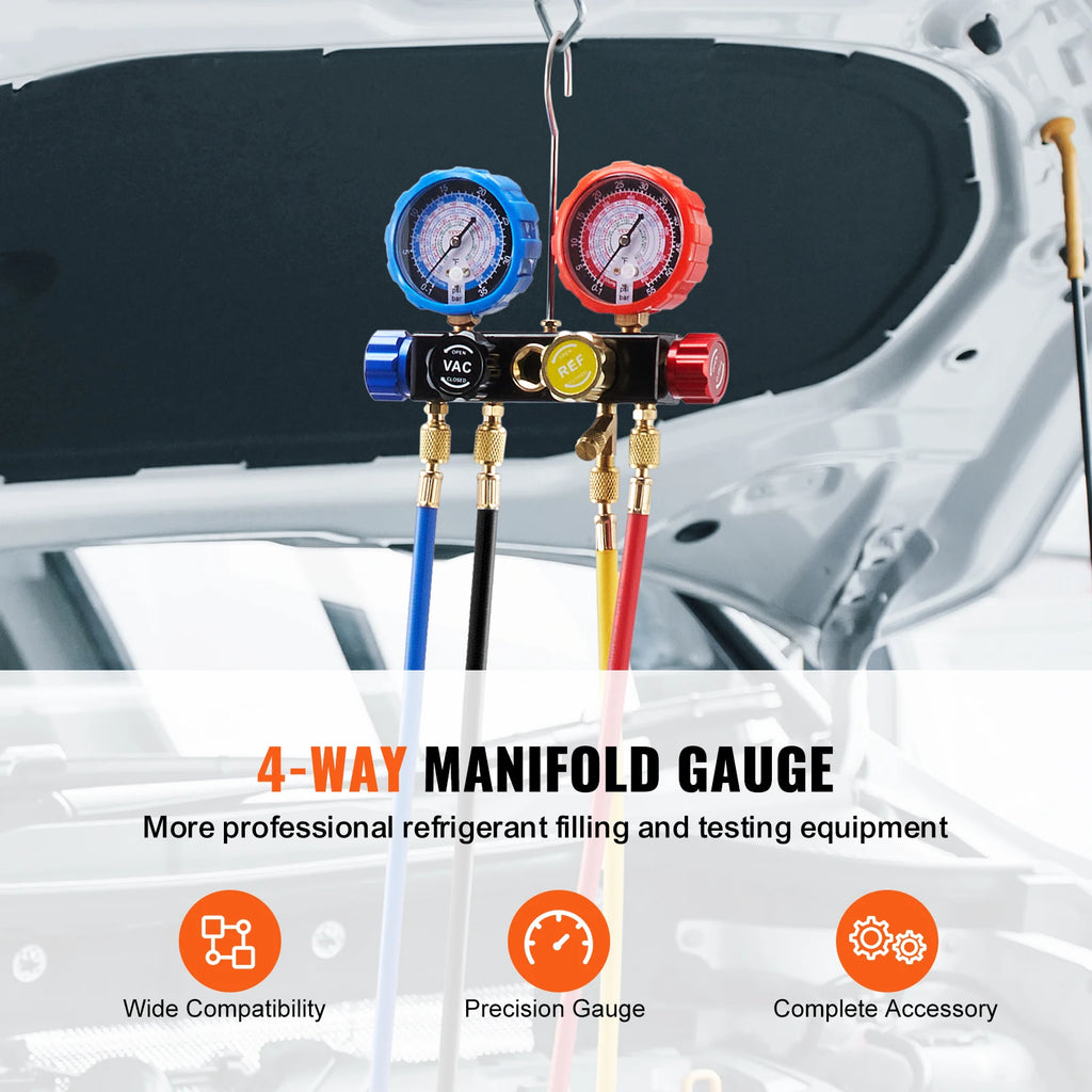 SucceBuy 4 Way AC Gauge-AC Manifold Gauge Set 5ft Hoses for R134A/R22/R12/R410A Work on Car Auto Freon Charging and Evacuation Blackbox Automotive Diagnostics