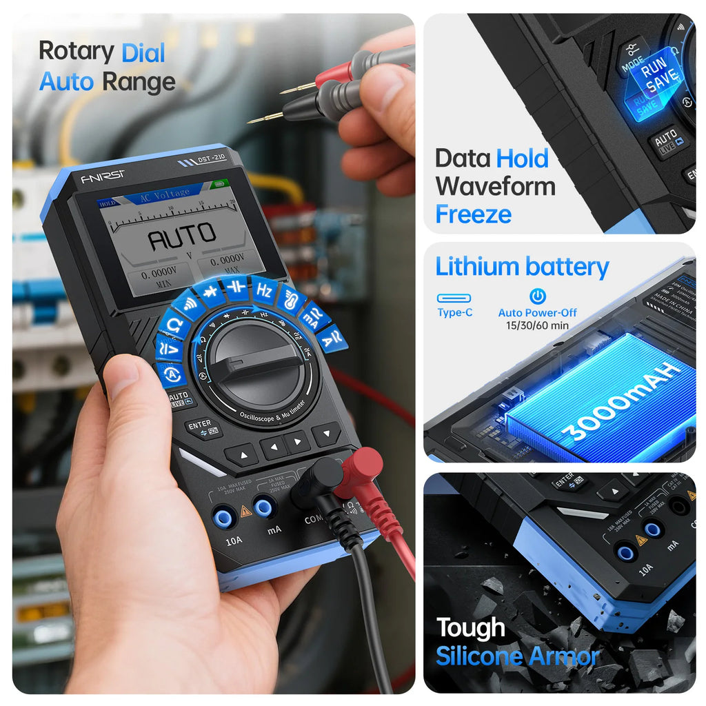 FNIRSI DST-210 and DST-201 3IN1 Digital Multimeter Oscilloscope Signal Source 19999 Counts 10MHz/1MHz Portable Electrician Tool Blackbox Automotive Diagnostics