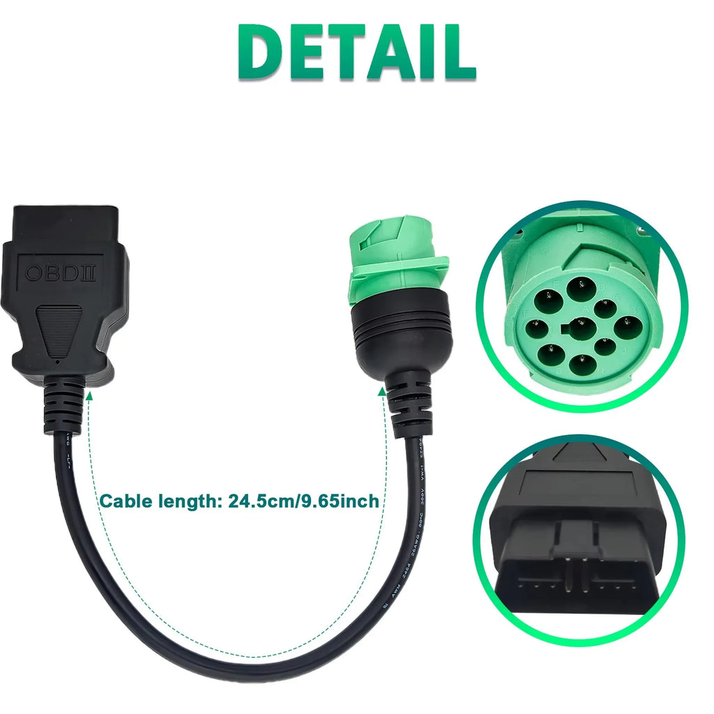 OBD2 to J1939 Green Type 2 Adapter Cable (16 Pin Male to 9 Pin Female Connector) for Heavy Duty Trucks and Commercial Vehicles Blackbox Automotive Diagnostics