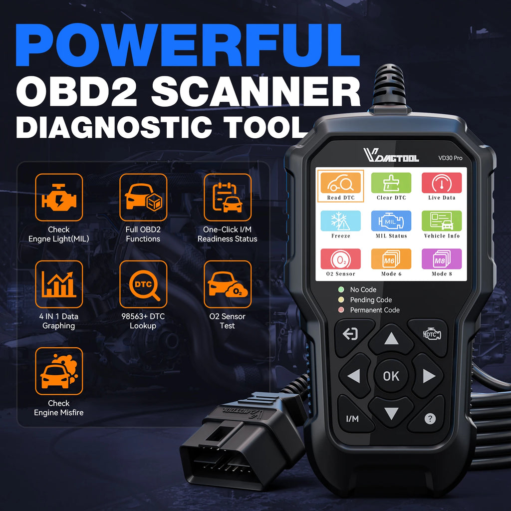 VDIAGTOOL VD30 Pro OBD2 Scanner Diagnostic Tool with Reset  Live Data Freeze Frame I/M Readiness for Cars and Trucks Blackbox Automotive Diagnostics
