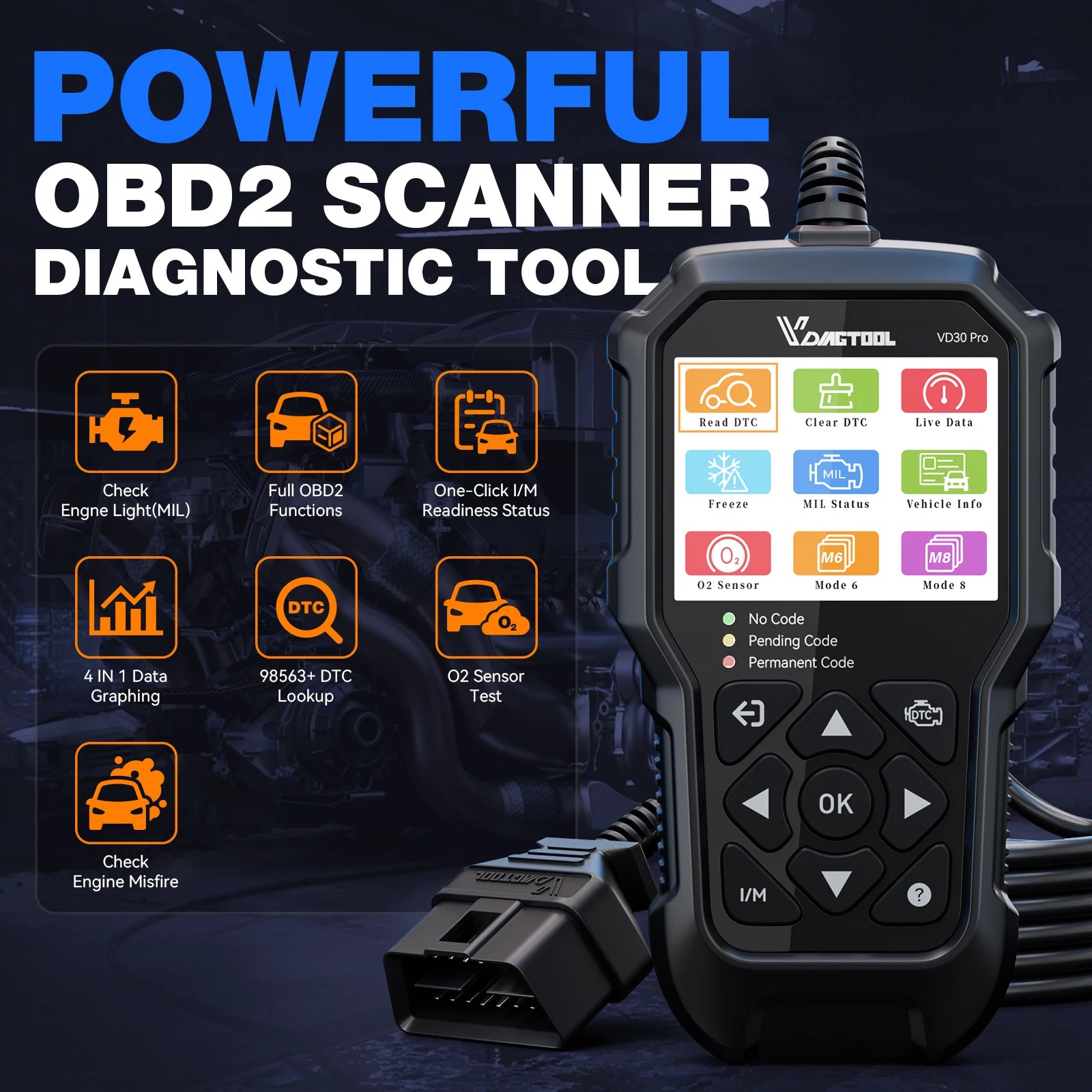 VDIAGTOOL VD30 Pro OBD2 Scanner Diagnostic Tool with Reset  Live Data Freeze Frame I/M Readiness for Cars and Trucks Blackbox Automotive Diagnostics