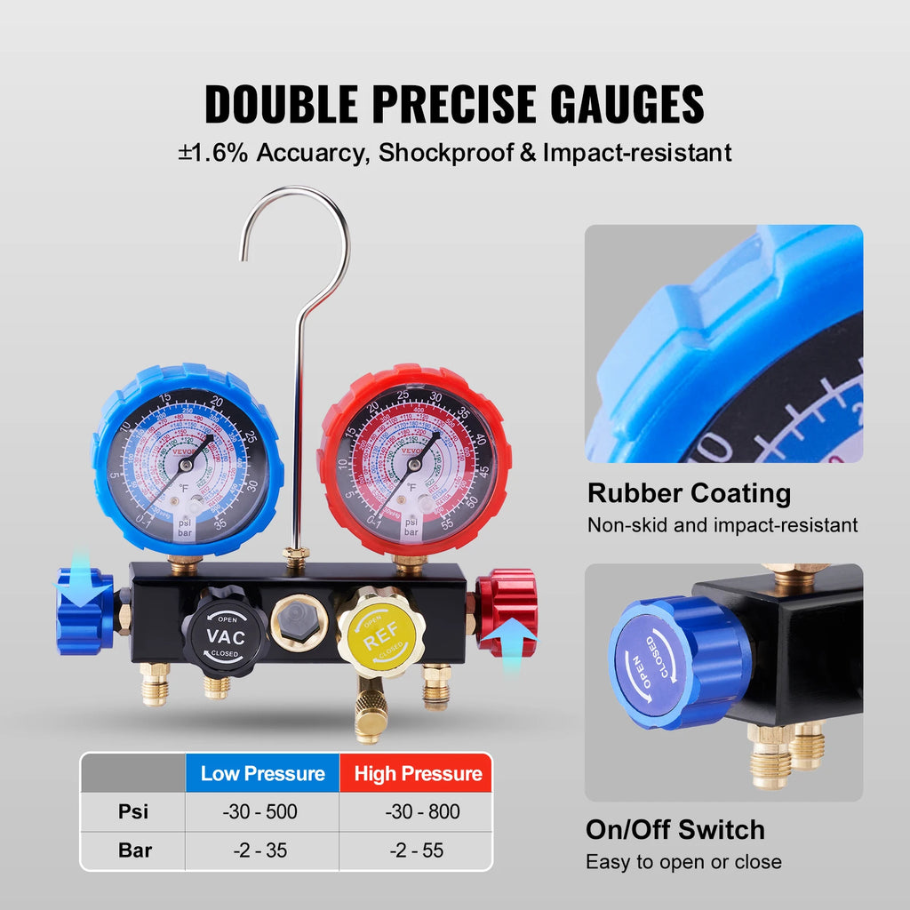 SucceBuy 4 Way AC Gauge-AC Manifold Gauge Set 5ft Hoses for R134A/R22/R12/R410A Work on Car Auto Freon Charging and Evacuation Blackbox Automotive Diagnostics