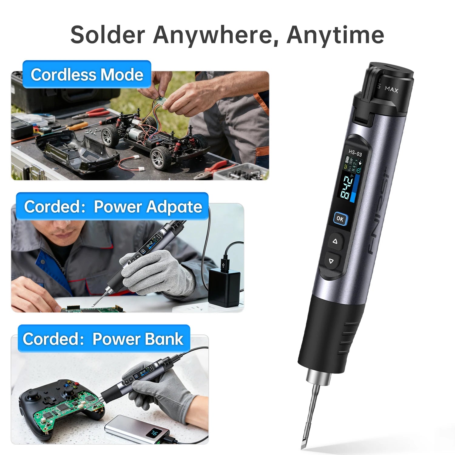 FNIRSI HS-03 Wireless Soldering Iron 10W Rechargeable Portable Soldering Iron 100-450℃ Adjustable Professional Soldering Kit Blackbox Automotive Diagnostics