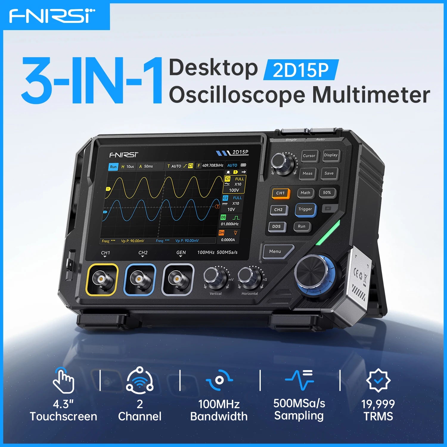 FNIRSI 2D15P Digital Oscilloscope Multimeter Signal Generator 3IN1 Touch Screen 2Channel 100MHz Bandwidth 500MSa/s 20000 Counts Blackbox Automotive Diagnostics
