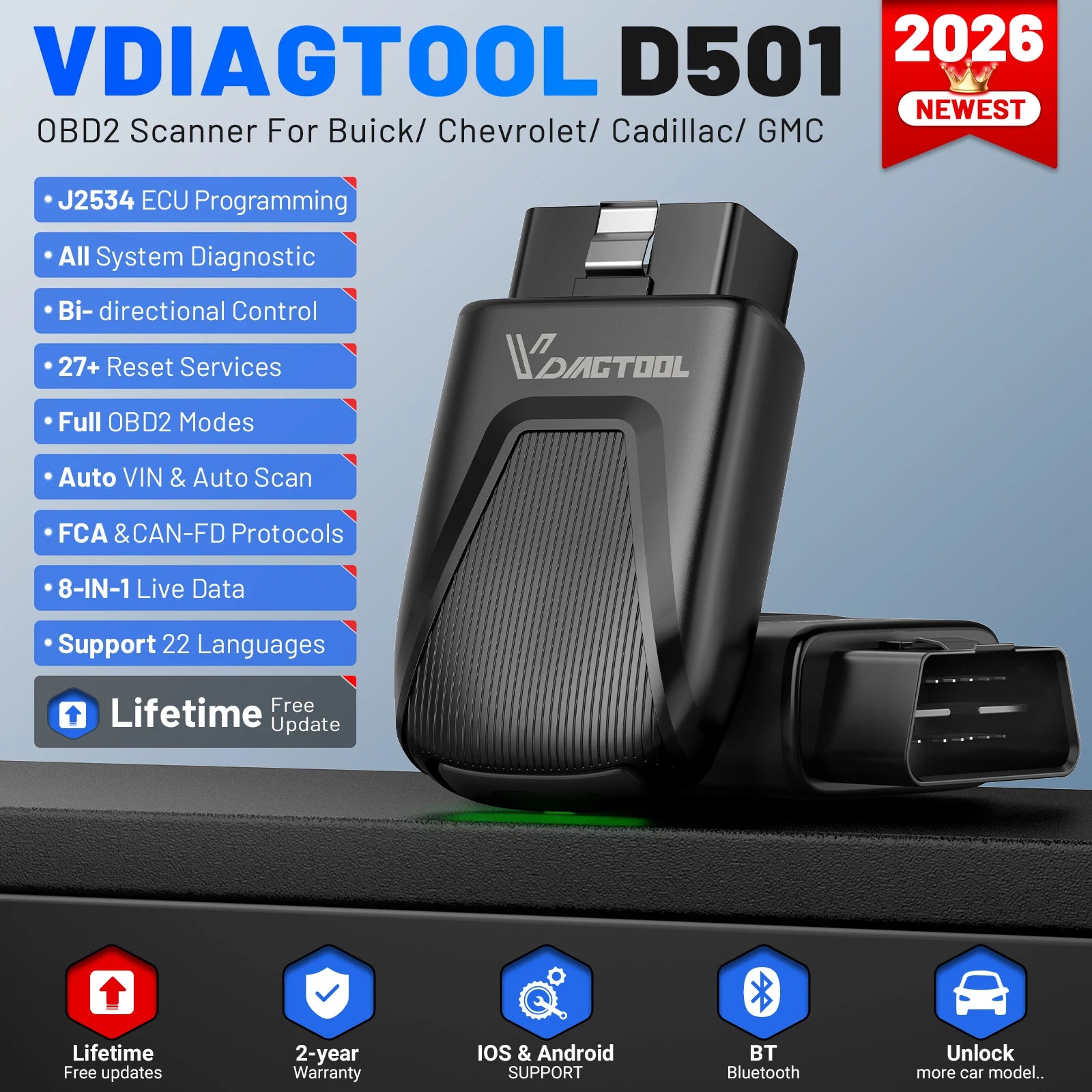 VDIAGTOOL D501 All System Diagnostic OBD2 Auto Scanner J2534 Programmer for Buick/Chevrolet  with 28+ Reset Code Reader Lifetime Free Updates Blackbox Automotive Diagnostics