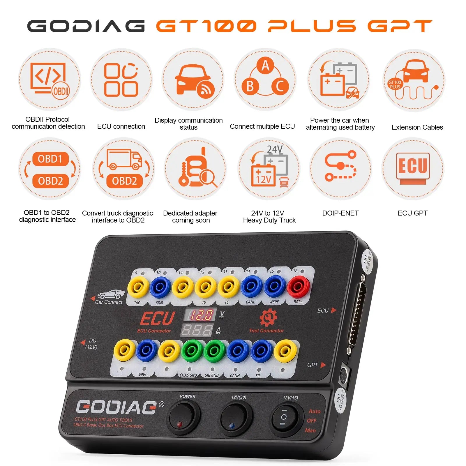 GODIAG GT100 PLUS GPT ENET DOIP 12V-24V AUTO TOOLS OBD II Break Out Box ECU Connector Blackbox Automotive Diagnostics