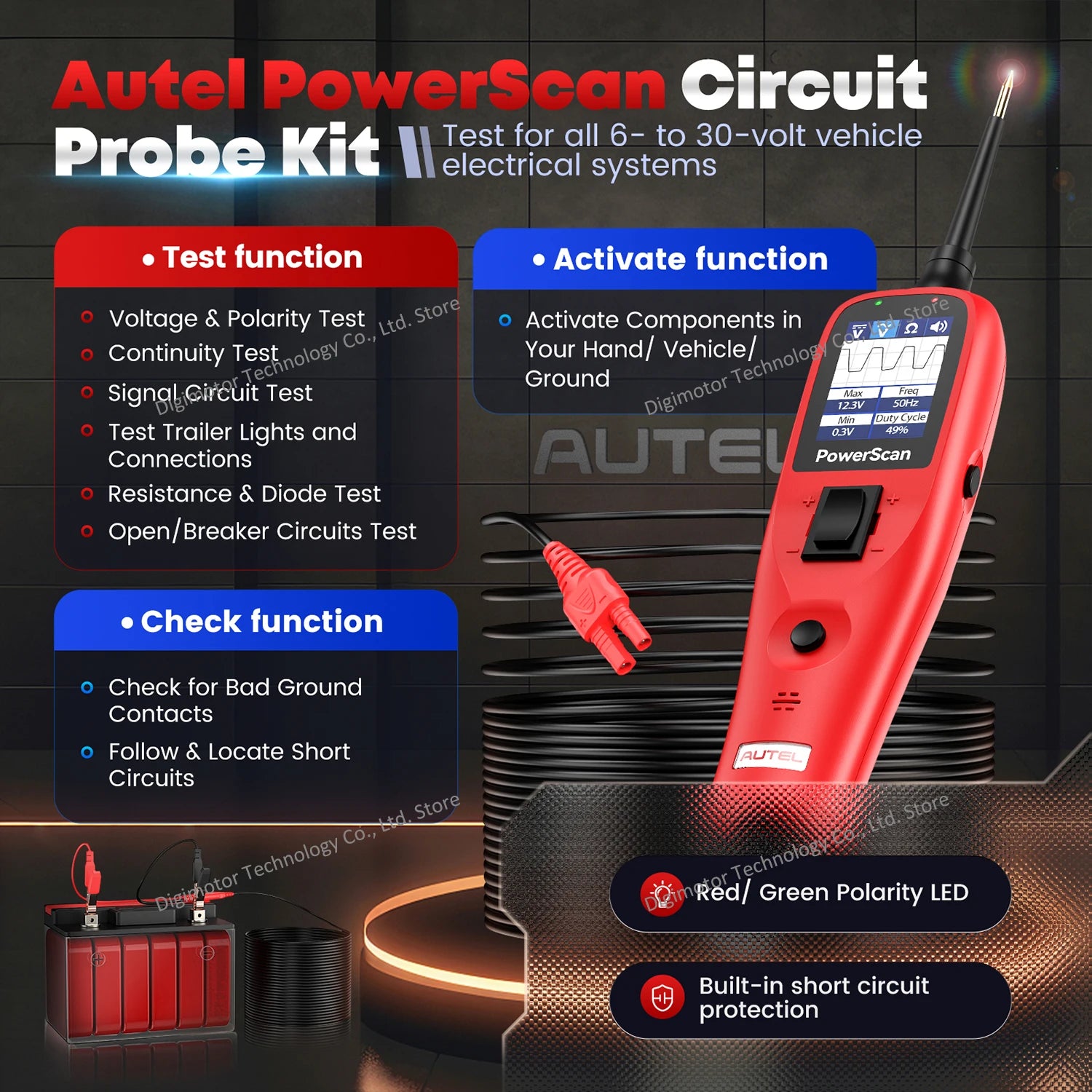 Autel PS100 Circuit Tester Power Circuit Probe Kit AC DC Voltage 12-24V Automotive Electrical System Test, 20FT Extension Cord Blackbox Automotive Diagnostics