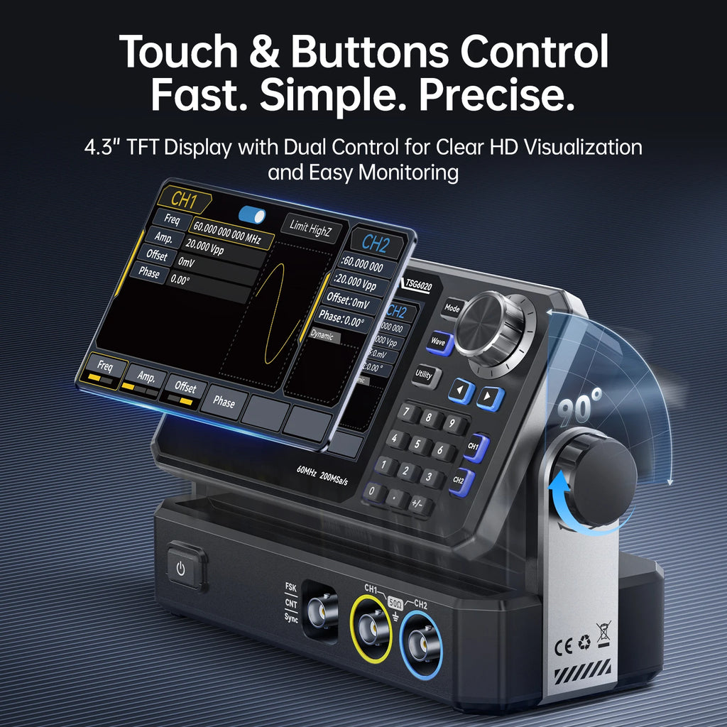 FNIRSI TSG6020 TSG3020 Dual-Channel Function Signal Generator 60MHz/30MHz 200MSa/s 4.3" Touchscreen for Electronics Testing Blackbox Automotive Diagnostics
