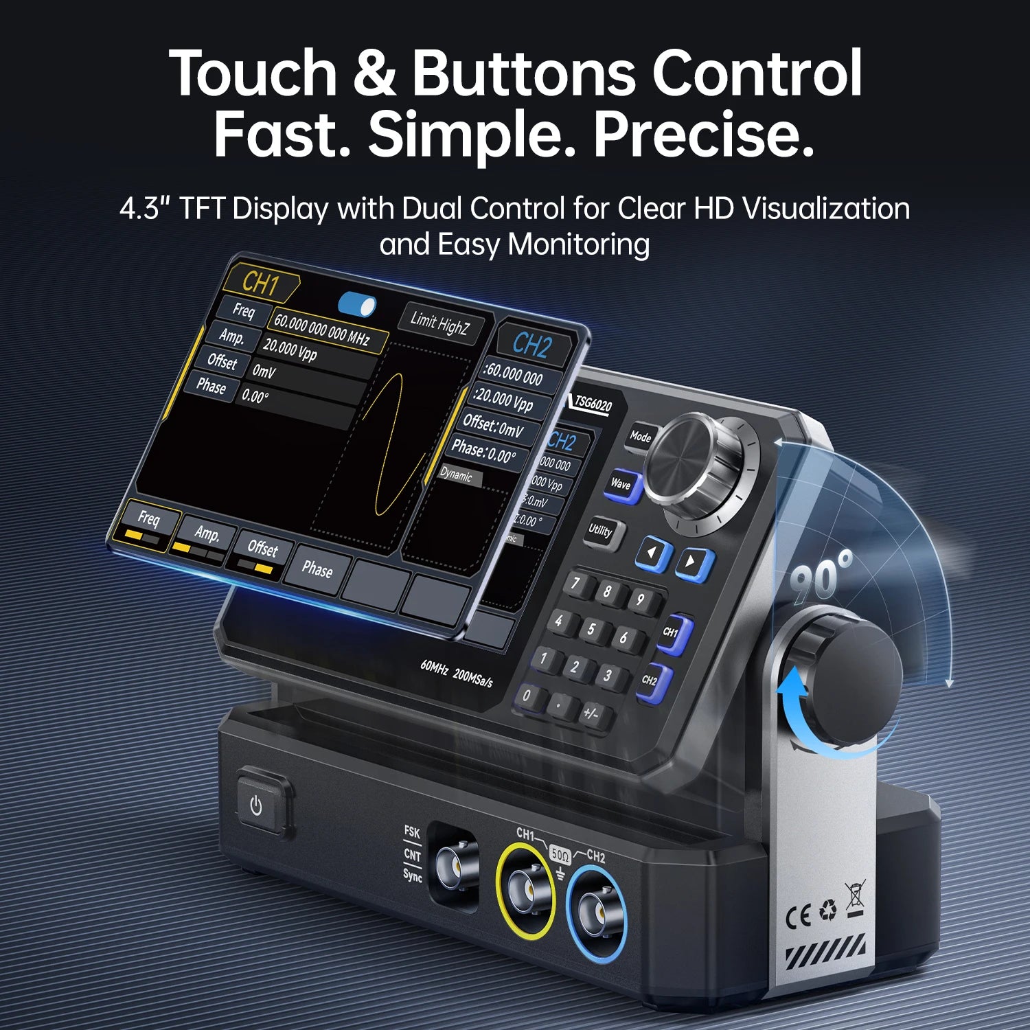FNIRSI TSG6020 TSG3020 Dual-Channel Function Signal Generator 60MHz/30MHz 200MSa/s 4.3" Touchscreen for Electronics Testing Blackbox Automotive Diagnostics