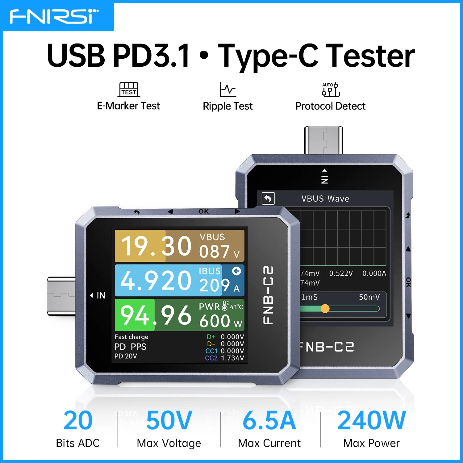 FNIRSI FNB-C2 Type-C Fast Charging Tester PD3.1 240W Max Power Digital Ammeter Voltmeter Charger Power Bank Phone Tester Blackbox Automotive Diagnostics