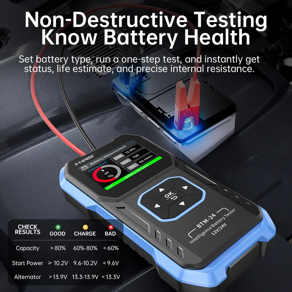 FNIRSI BTM-24 12V/24V Car Battery Tester 0-2000 CCA Automotive Battery Load Tester Cranking Charging Circut Diagnostic Tools Blackbox Automotive Diagnostics