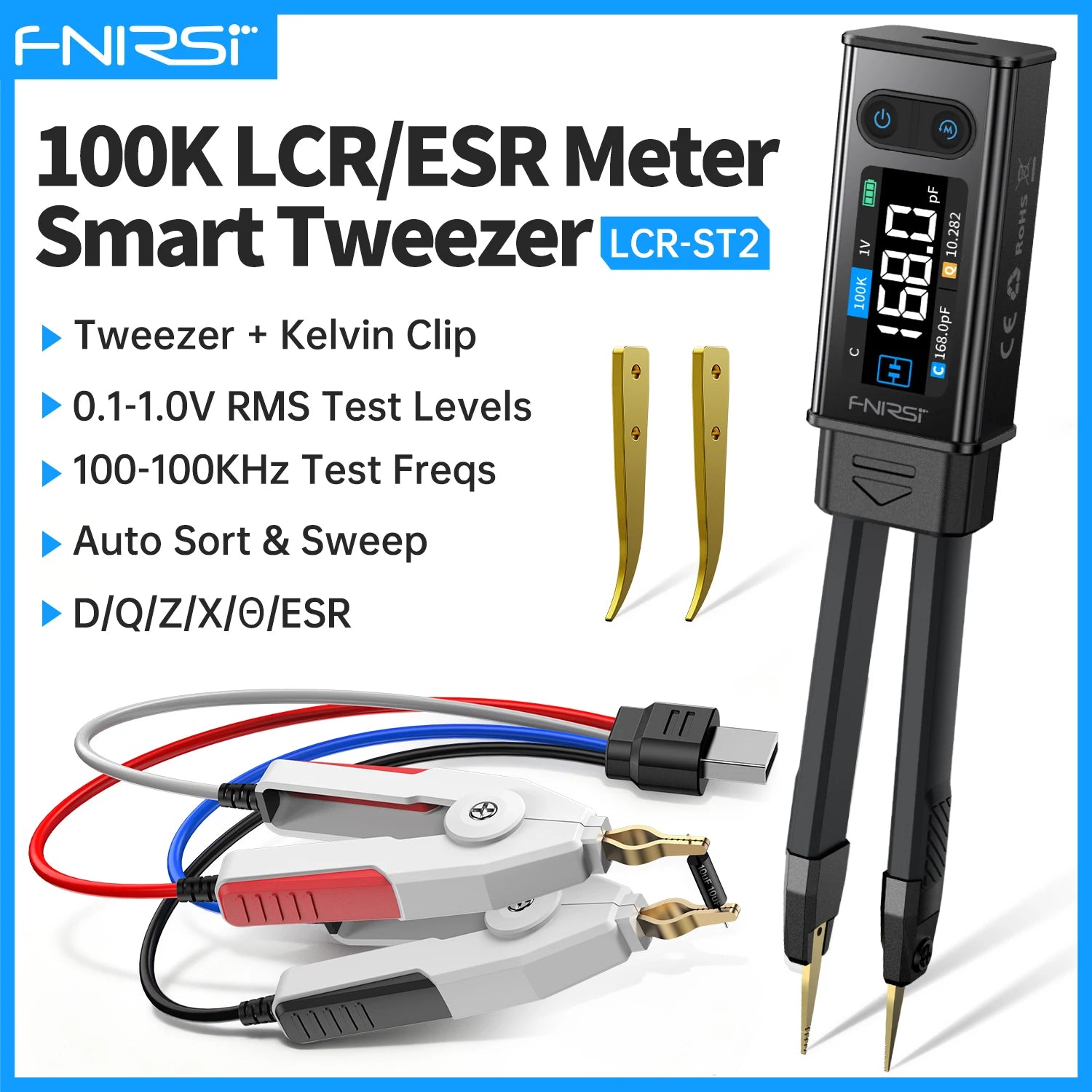 FNIRSI LCR-ST2 2-in-1 Digital Tweezer Bridge LCR ESR Meter SMD Test Kelvin Clip Electronic Component Multifunctional Tester Tool Blackbox Automotive Diagnostics