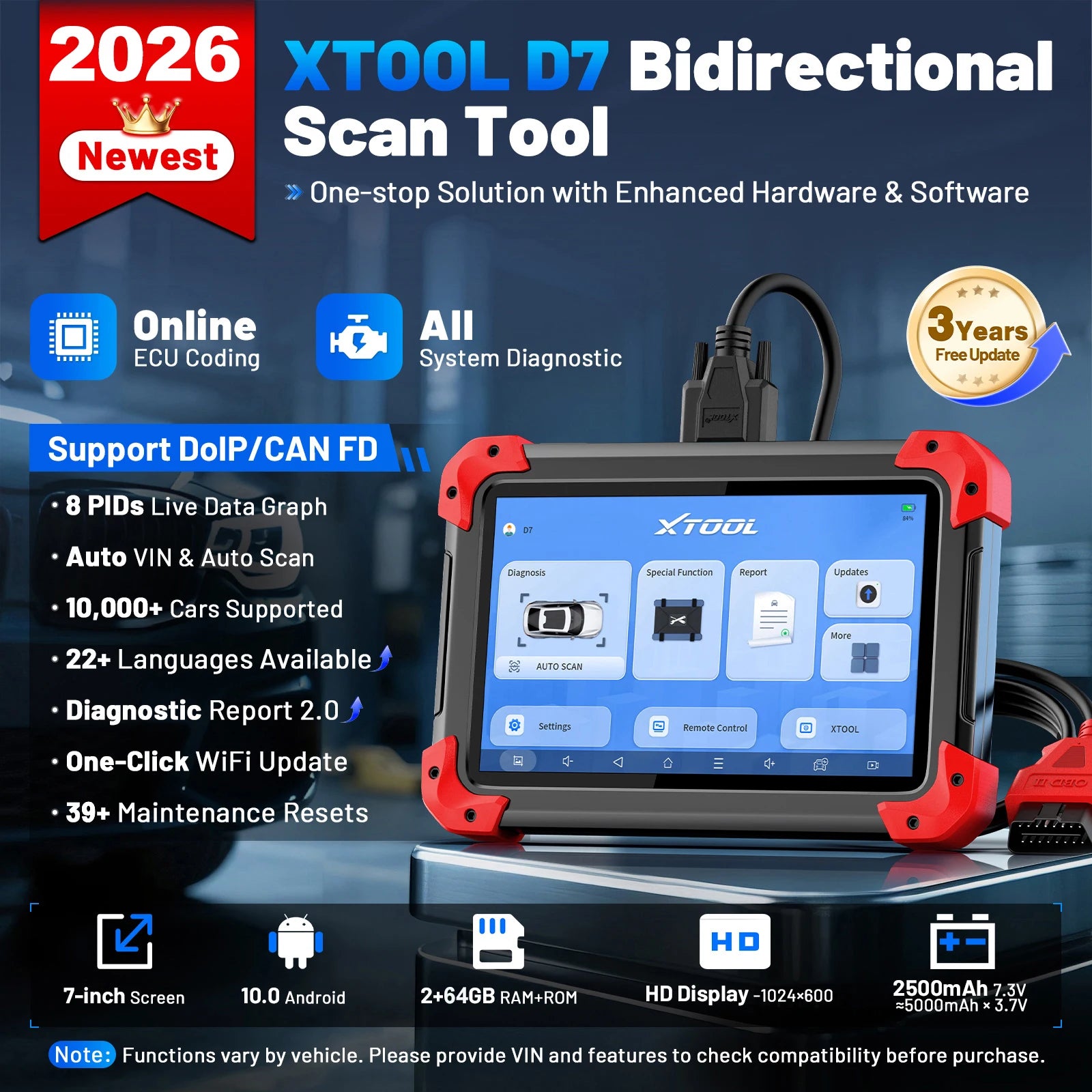 XTOOL D7 V2.0 OBD2 Automotive Scanner Key Programmer All System Car Diagnostic Tool ECU Coding with 39+ Resets CANFD DOIP FCA Blackbox Automotive Diagnostics