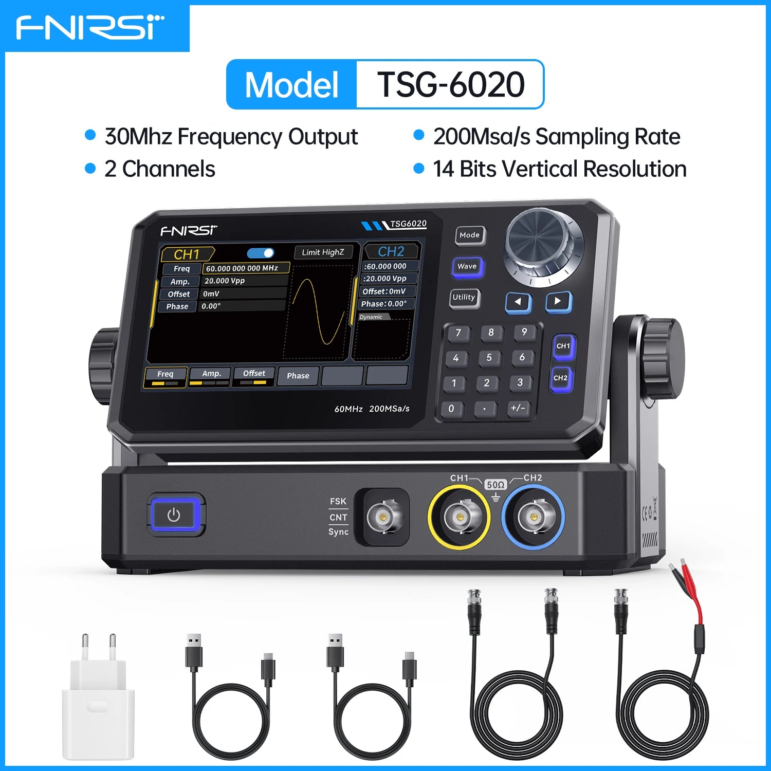 FNIRSI TSG6020 TSG3020 Dual-Channel Function Signal Generator 60MHz/30MHz 200MSa/s 4.3" Touchscreen for Electronics Testing Blackbox Automotive Diagnostics