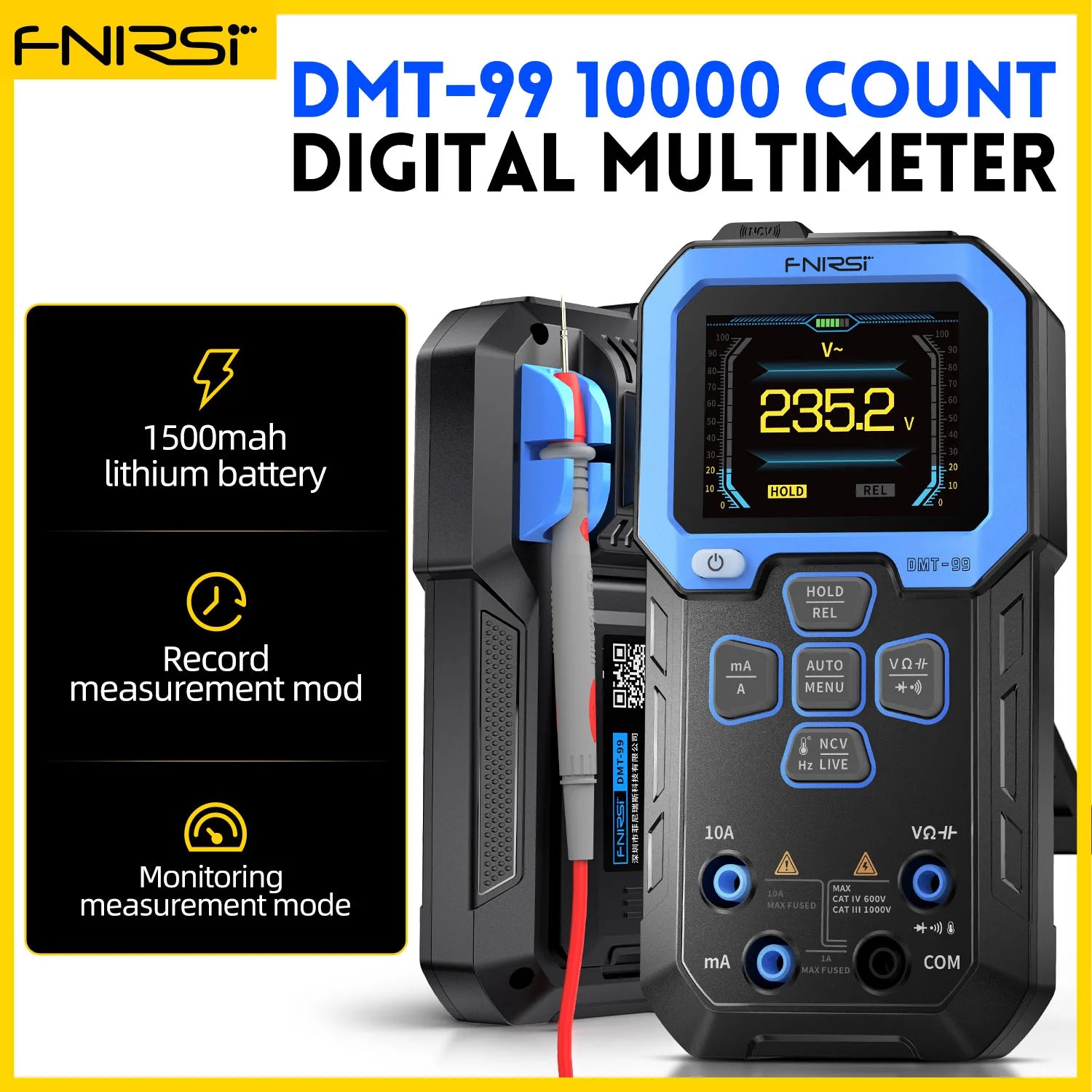 FNIRSI DMT-99 Digital Multimeter 9999 Counts Smart Professional Tester 1000V 10A True RMS Auto Range AC DC Ohm Hz Capacitance Blackbox Automotive Diagnostics