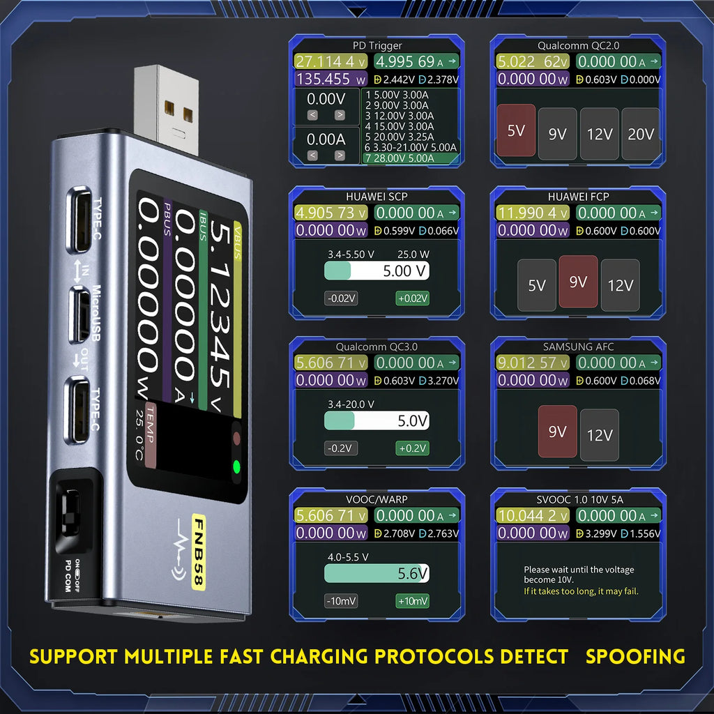FNIRSI-FNB58 USB Tester Voltmeter Ammeter TYPE-C Fast Charge Detection Trigger Capacity Measurement Ripple Measurement Blackbox Automotive Diagnostics