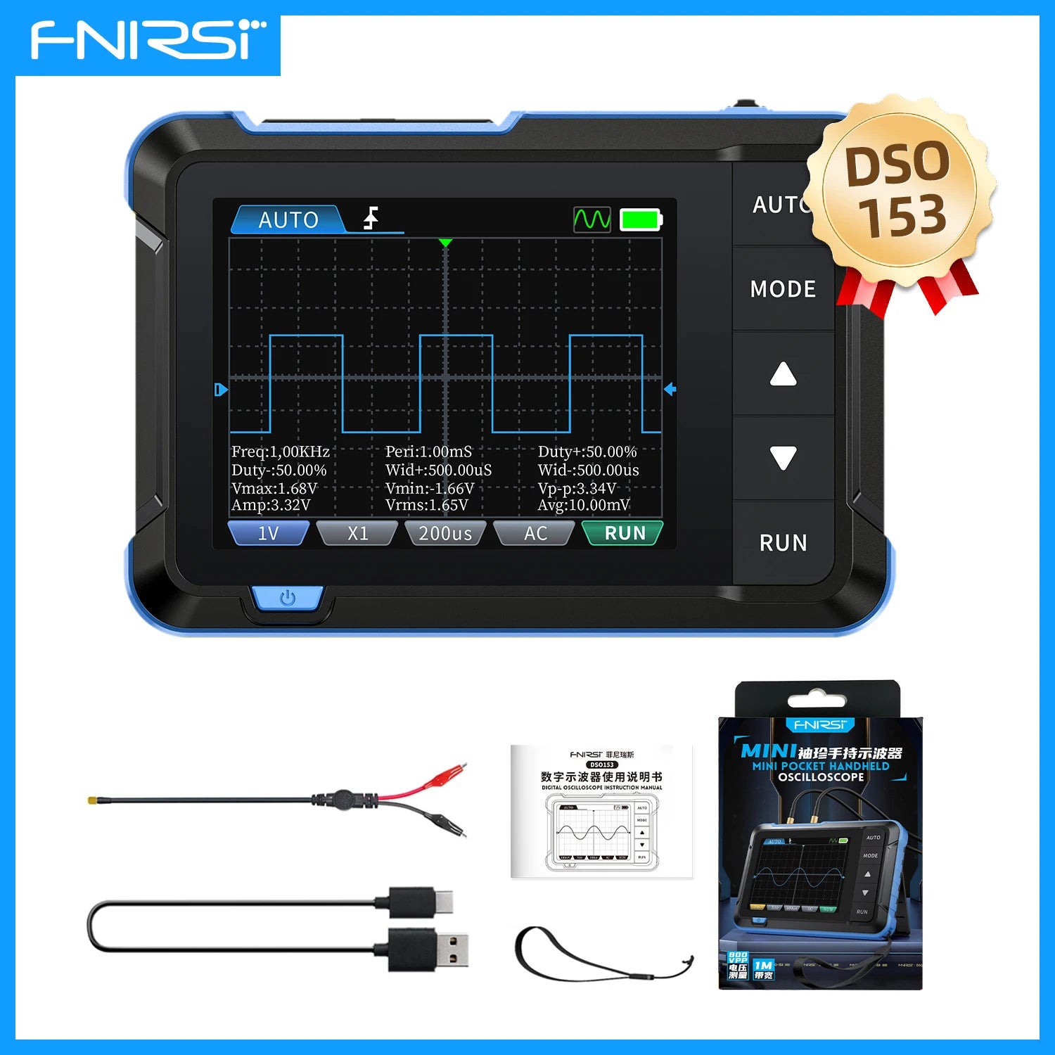 FNIRSI New DSO510 DSO152 DSO153 Mini Handheld Digital 2 IN 1 Oscilloscope Portable 48MS/s 10MHz Bandwidth Electronic Repair Tool Blackbox Automotive Diagnostics