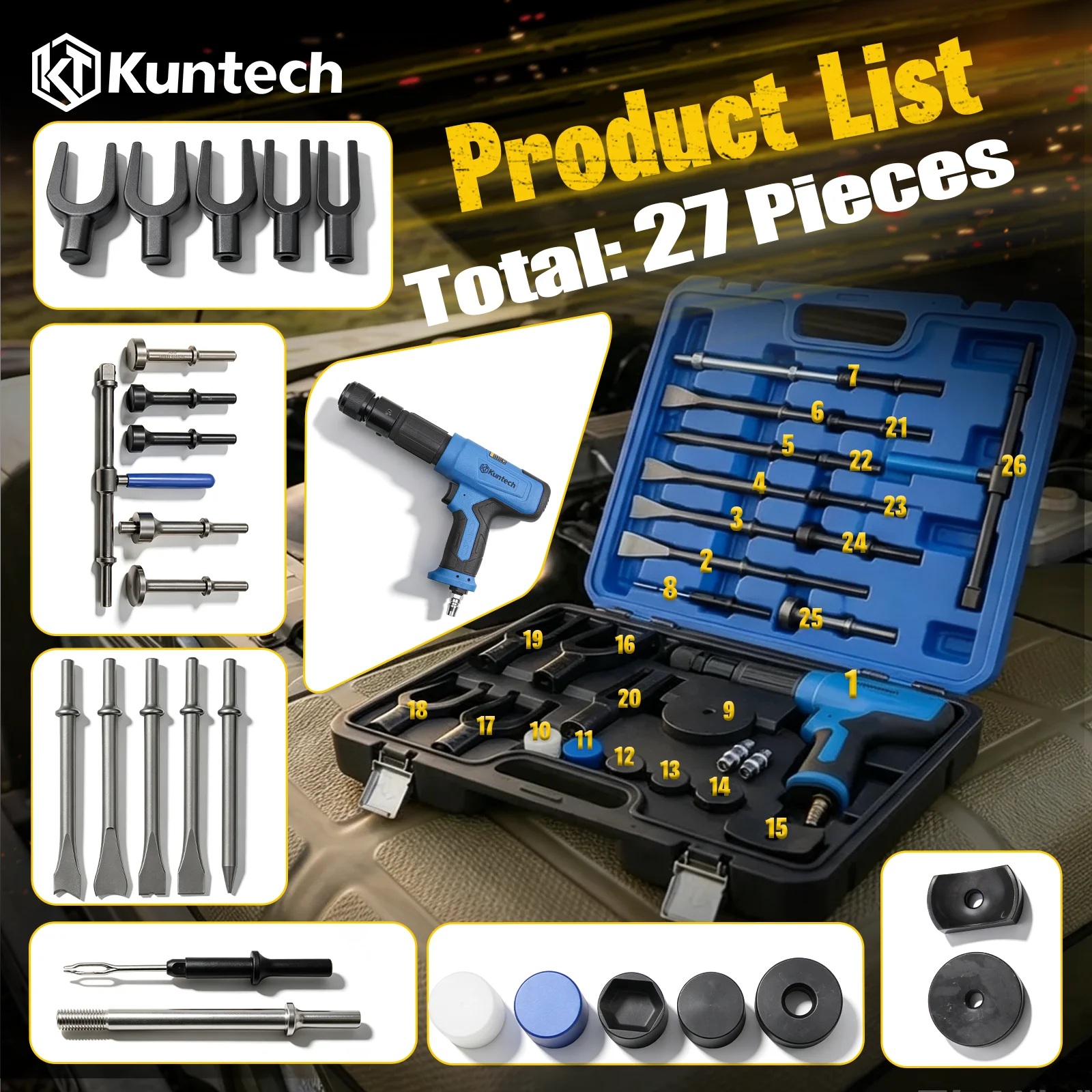 Heavy Duty Pneumatic Air Hammer 89mm Stroke 5CFM, Multi-Function Air Powered Hammer Tool Set with Chisels & Adapters, Industrial Air Chisel for Car Chassis Disassembly Sheet Metal Rust Removal Auto Workshop Mechanic Repair Blackbox Automotive Diagnostics