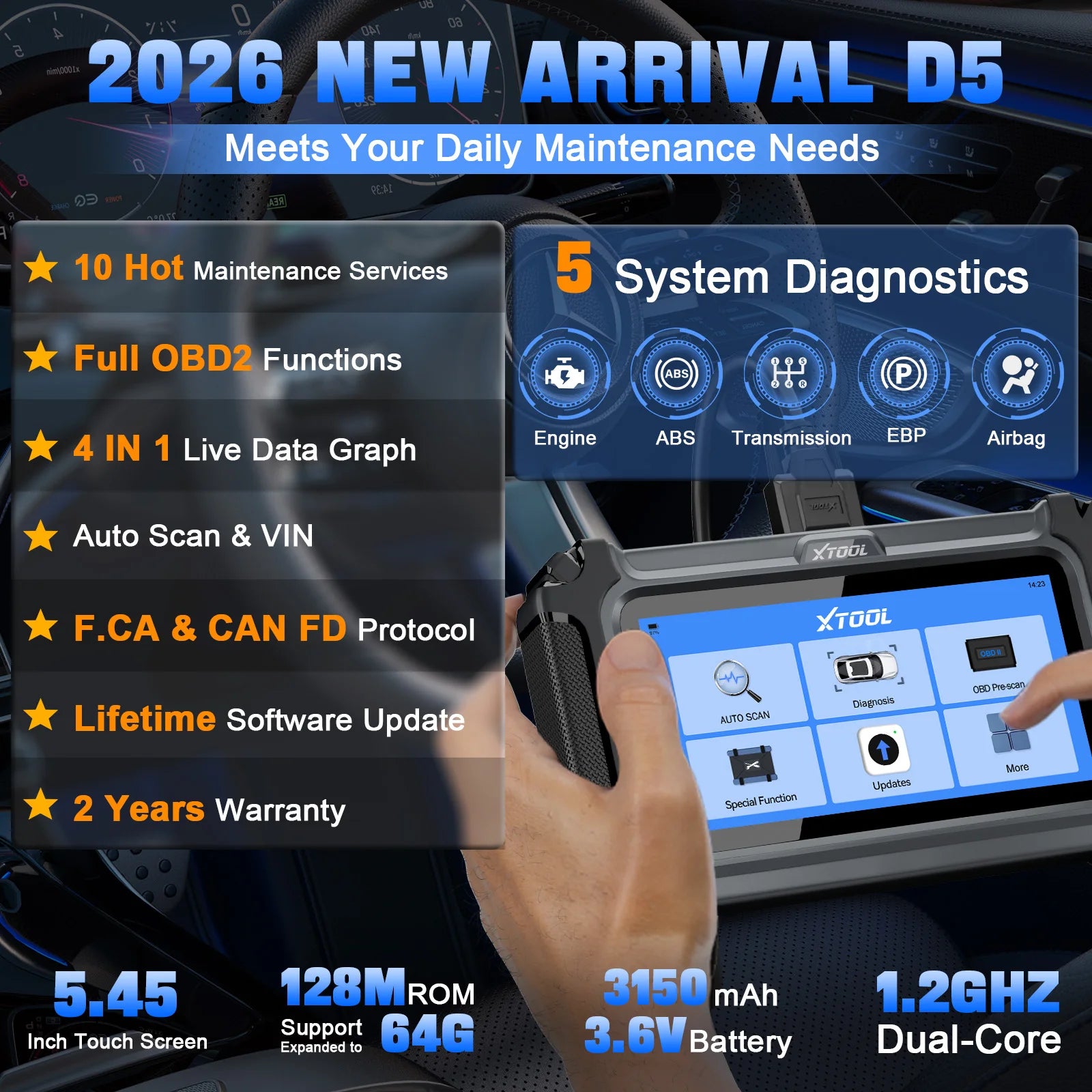 XTOOL D5 OBD2 Car Diagnostic Tool Auto VIN Automotive Scanner OIL Reset Injector Code Built-in FCA/CANFD Lifetime Free Update Blackbox Automotive Diagnostics