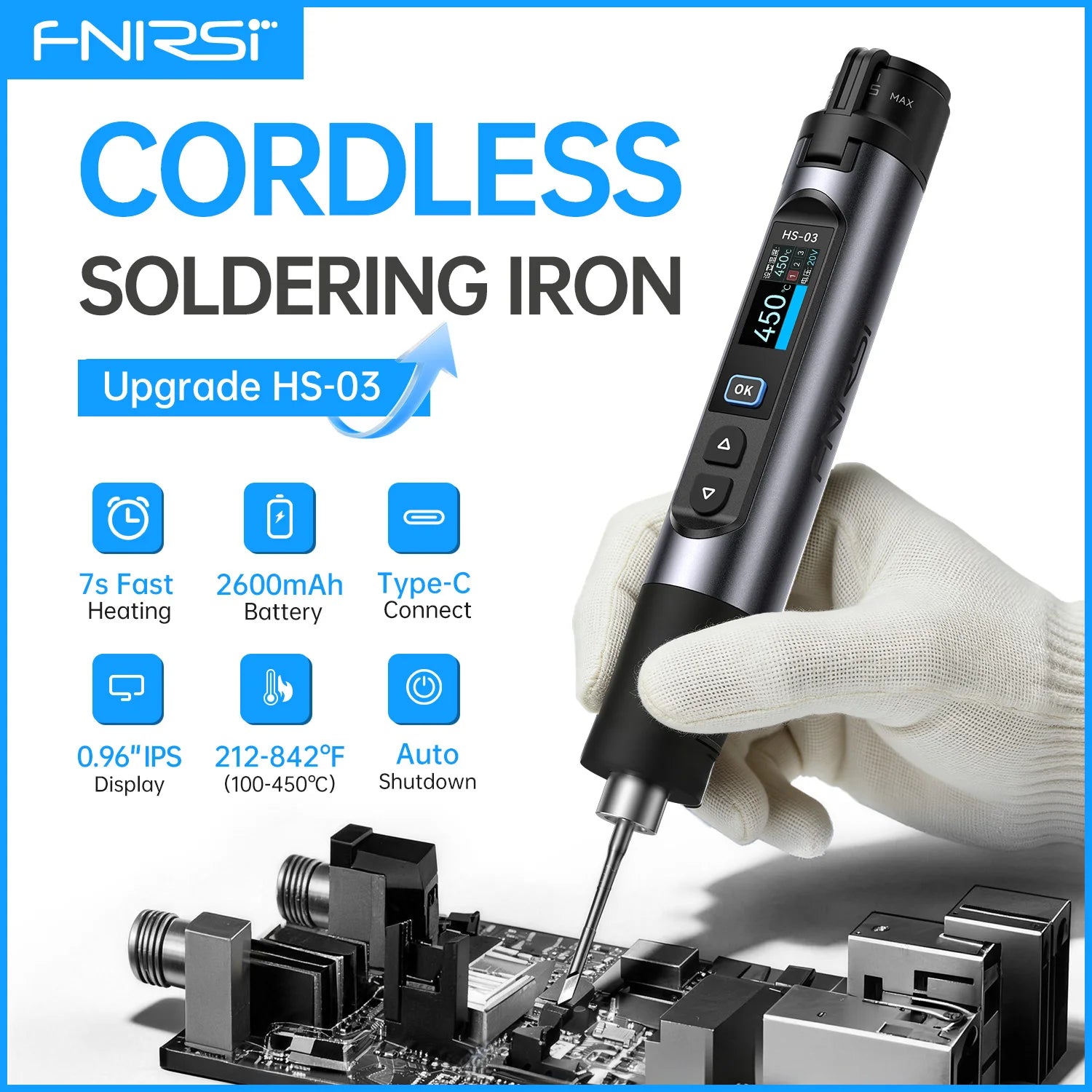 FNIRSI HS-03 Cordless Soldering Iron Type-C Wireless Soldering Iron Kit 18650 Battery Rechargeable Portable Welding Repair Tools Blackbox Automotive Diagnostics