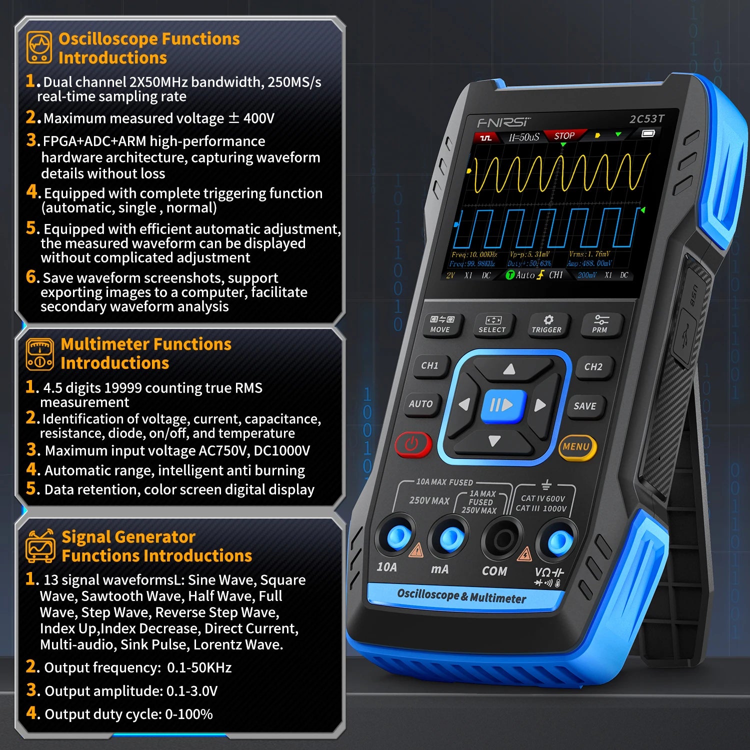 FNIRSI 2C53T 2C23T Upgrade 3in1 Oscilloscope Multimeter Signal Generator 50MHz Bandwidth 250MS Rate Dual Channel 20000 Counts Blackbox Automotive Diagnostics