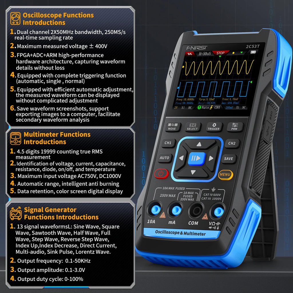 FNIRSI 2C23T 2C53T Upgrade 50MHz Handheld Digital Oscilloscope Multimeter Signal Generator  3 in 1 Dual Channel Automotive Tools Blackbox Automotive Diagnostics