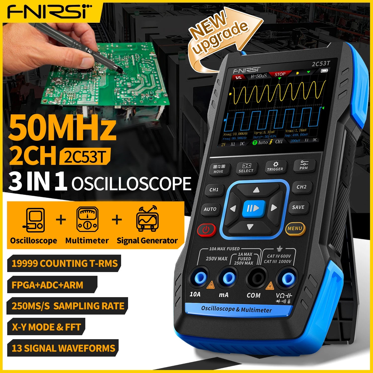 FNIRSI 2C23T 2C53T Upgrade 50MHz Handheld Digital Oscilloscope Multimeter Signal Generator  3 in 1 Dual Channel Automotive Tools Blackbox Automotive Diagnostics
