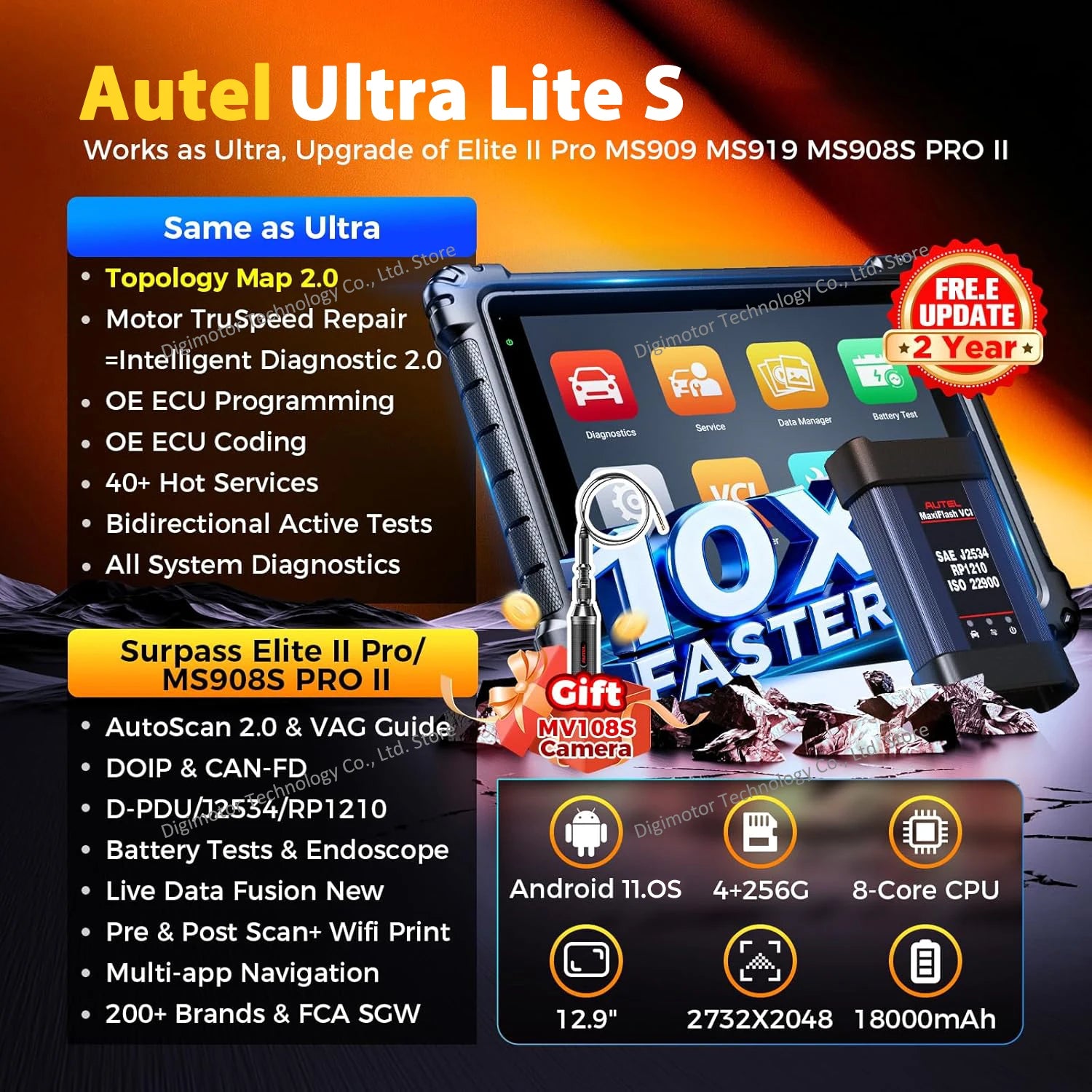 Autel MaxiCOM Ultra Lite S Top Cars Diagnostic Scanner, Topology 2.0, ECU Programming & Online Coding, 40+ Services, DOIP/CAN FD Blackbox Automotive Diagnostics