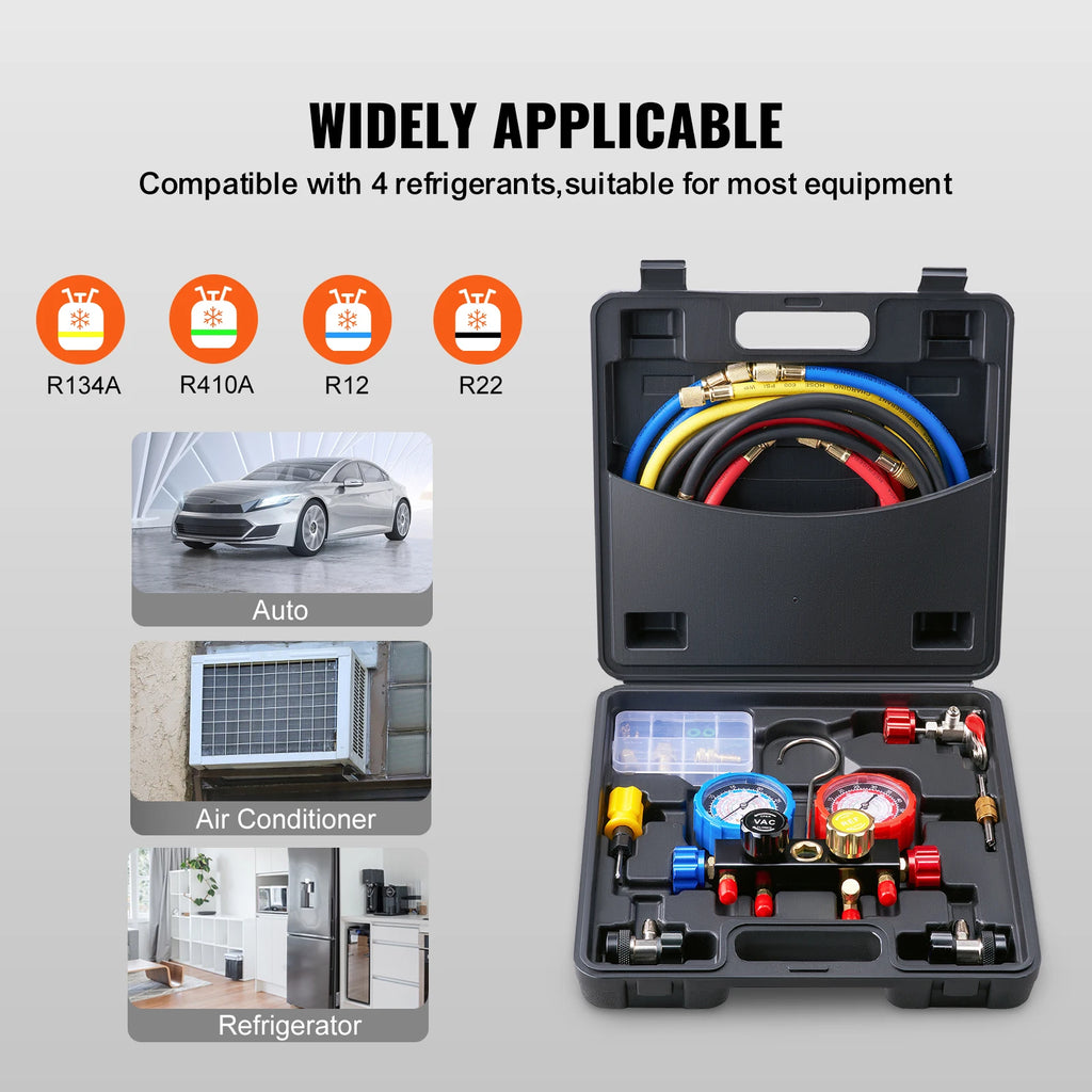 SucceBuy 4 Way AC Gauge-AC Manifold Gauge Set 5ft Hoses for R134A/R22/R12/R410A Work on Car Auto Freon Charging and Evacuation Blackbox Automotive Diagnostics