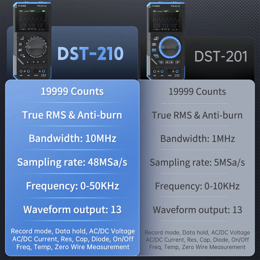 FNIRSI DST-210 and DST-201 3IN1 Digital Multimeter Oscilloscope Signal Source 19999 Counts 10MHz/1MHz Portable Electrician Tools Blackbox Automotive Diagnostics