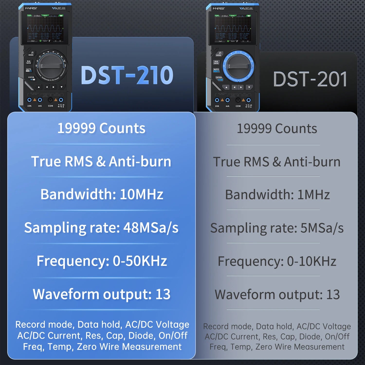 FNIRSI DST-210 and DST-201 3IN1 Digital Multimeter Oscilloscope Signal Source 19999 Counts 10MHz/1MHz Portable Electrician Tools Blackbox Automotive Diagnostics