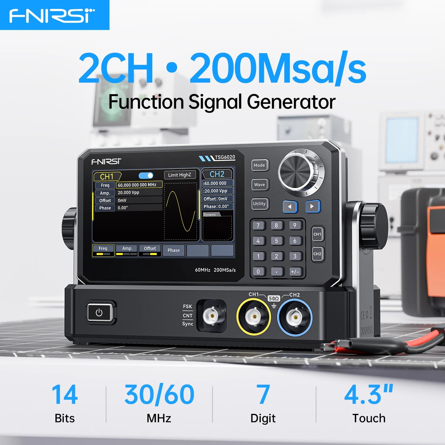 FNIRSI TSG6020 TSG3020 Dual-Channel Function Signal Generator 60MHz/30MHz 200MSa/s 4.3" Touchscreen for Electronics Testing Blackbox Automotive Diagnostics
