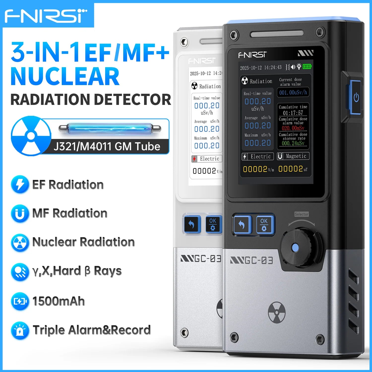 FNIRSI GC-03  3-IN-1 Electromagnetic Radiation Detector, Electric & Magnetic Field Strength, RF Power, Temperature Monitor Blackbox Automotive Diagnostics