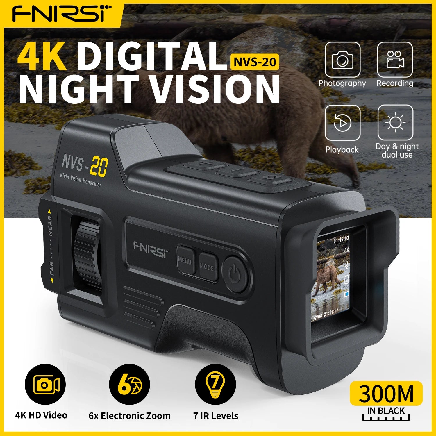 FNIRSI Telescope NVS-20 4K HD Monocular Night Vision Goggles 6X Digital Zoom 300m Hunting Camping Scope Day and Night Dual Use Blackbox Automotive Diagnostics