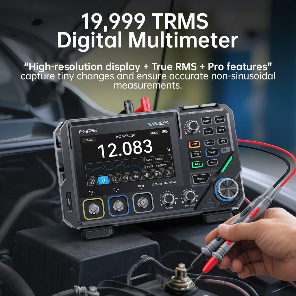 FNIRSI 2D15P Digital Oscilloscope Multimeter Signal Generator 3IN1 Touch Screen 2Channel 100MHz Bandwidth 500MSa/s 20000 Counts Blackbox Automotive Diagnostics