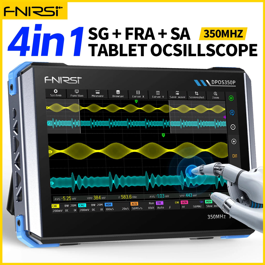 FNIRSI DPOS350P 4in1 Tablet Oscilloscope 2 Channel 350MHz Signal Generator 50MHz, Spectrum Analyzer, Frequency Response Analyzer Blackbox Automotive Diagnostics