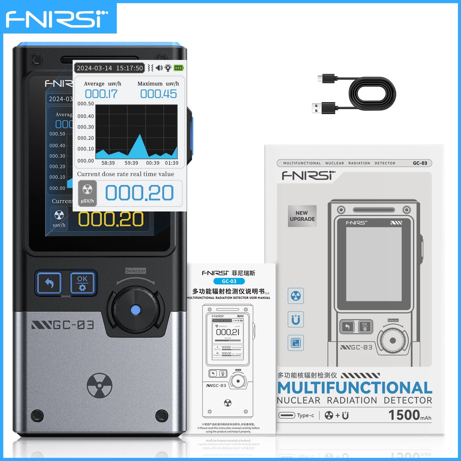 FNIRSI GC-03  3-IN-1 Electromagnetic Radiation Detector, Electric & Magnetic Field Strength, RF Power, Temperature Monitor Blackbox Automotive Diagnostics