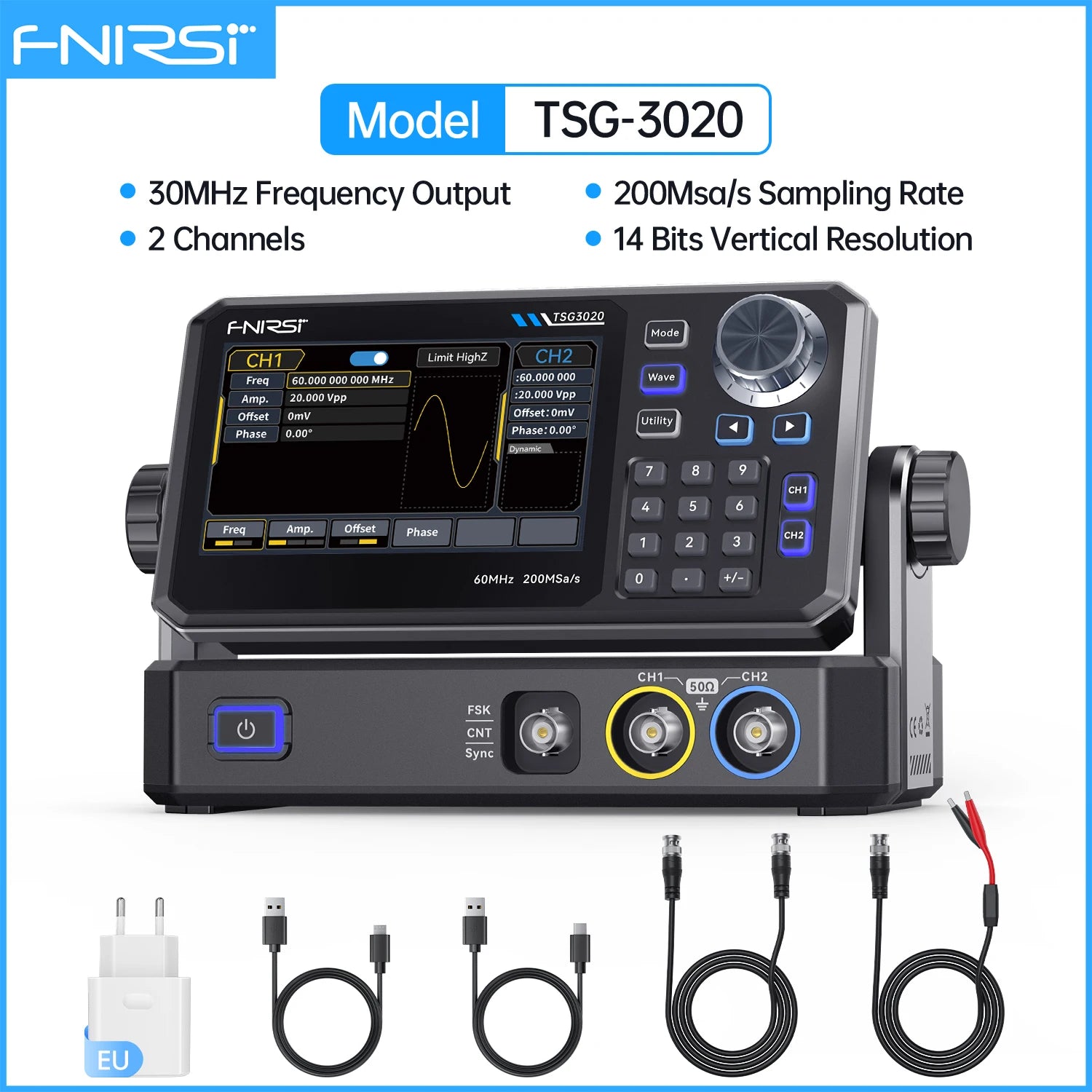 FNIRSI TSG6020 TSG3020 Dual-Channel Function Signal Generator 60MHz/30MHz 200MSa/s 4.3" Touchscreen for Electronics Testing Blackbox Automotive Diagnostics